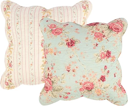 Greenland Home - Juego de 2 almohadas florales tradicionales acolchadas con rosas antiguas, 18 x 18 pulgadas cada una (2 unidades), color azul
