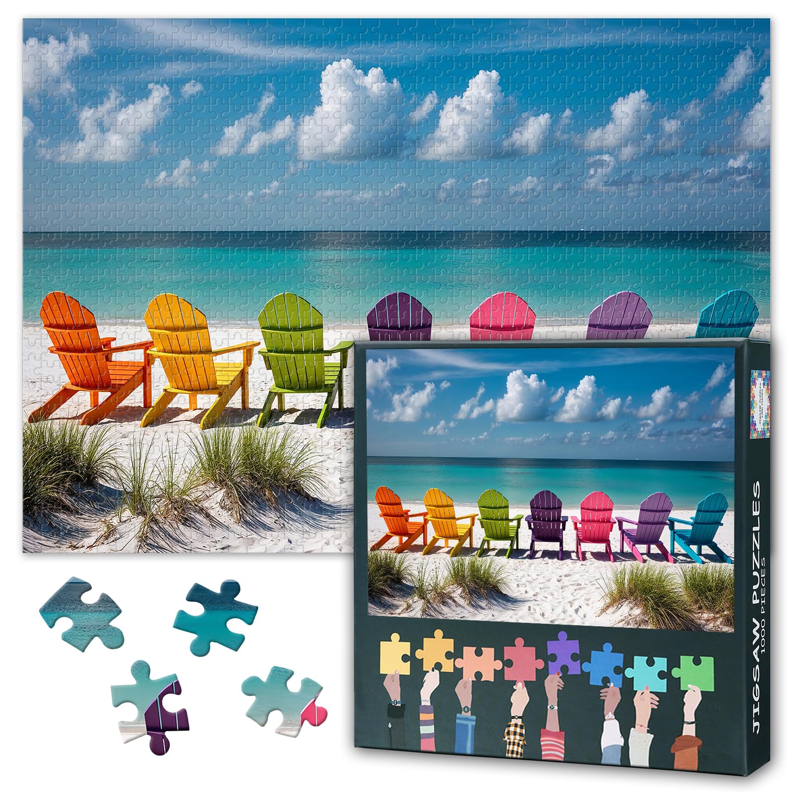 1000 Piece Jigsaw Puzzle for Adults Colorful Beach Chairs Ocean View Coastal Escape Puzzle Serene Summer Scene Large Format Jigsaw 27.5x19.7 Inch โ image 1