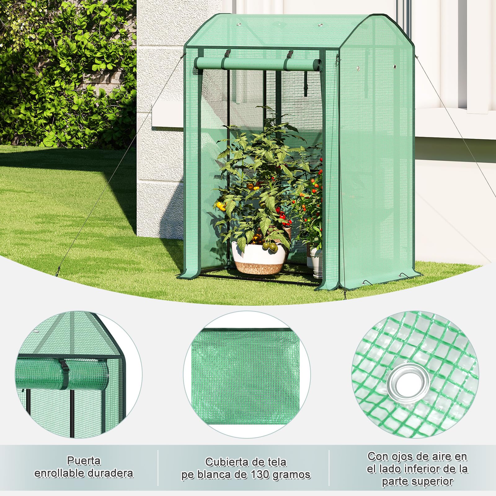 WOLTU Invernadero de Jardín, Invernadero con Puertas Enrollables, PE 140 g/m2, con Paredes Laterales, para Plantas Trepadoras, como Tomates Enredaderas, Verde