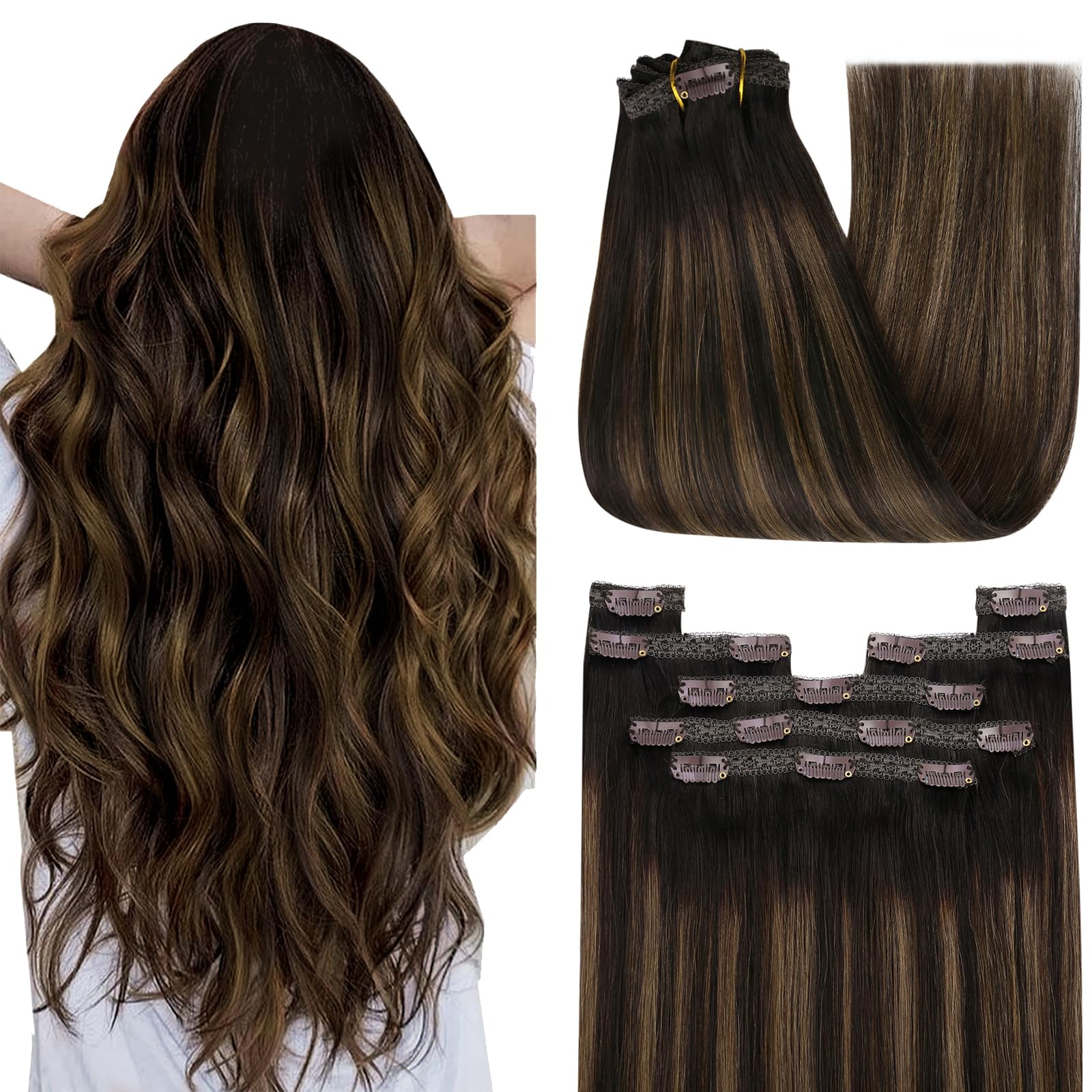YoungSee Clip in Extensions Echthaar Braun Balayage Echthaar Extensions Clip Dunkelbraun Ombre Mittelbraun Hair Extensions Clips in Gerade Remy Haare für Damen 30cm 80g 2/2/6