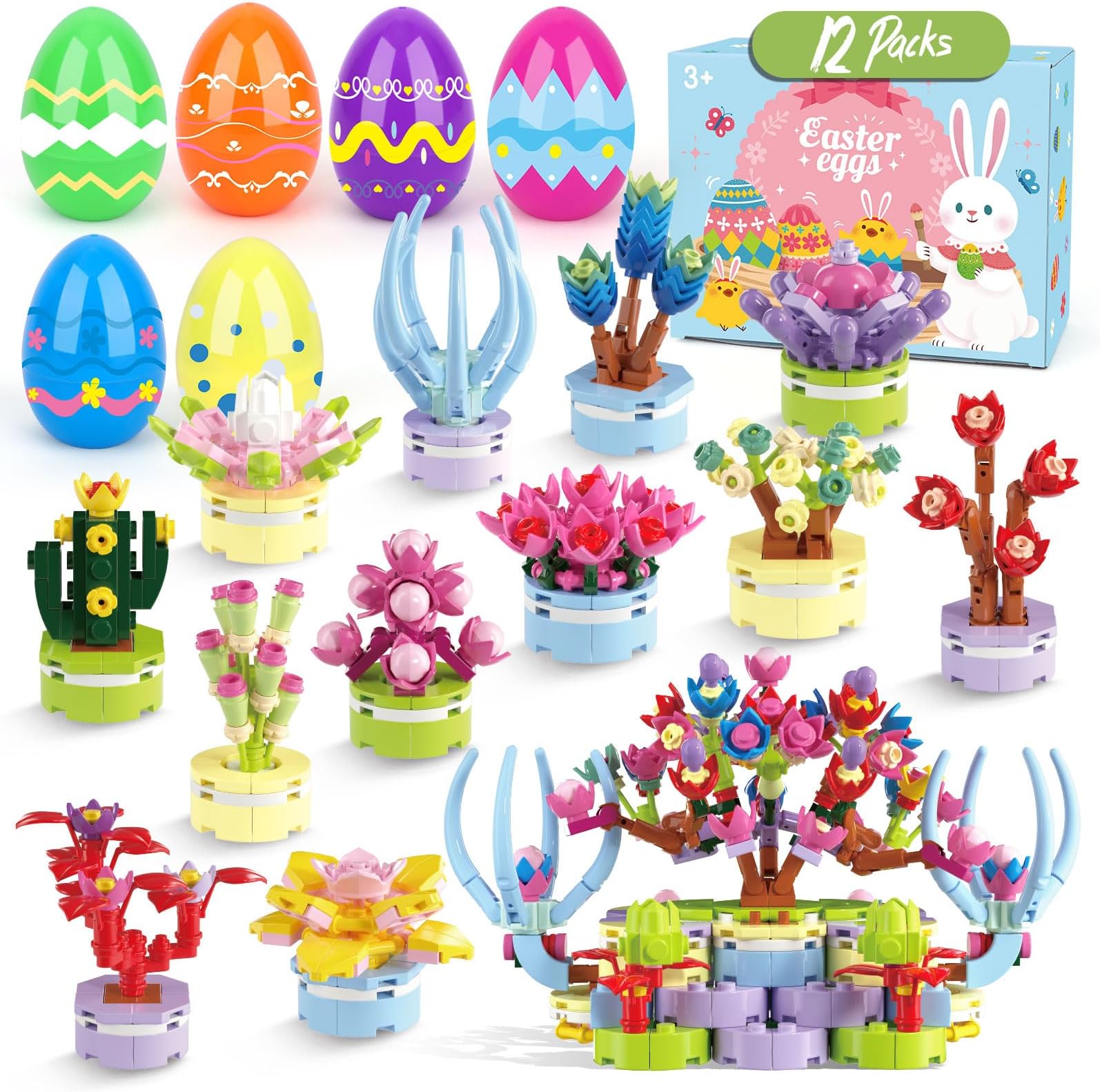 12 Pack Easter Eggs with Toys,Easter Basket Stuffers, Building Blocks,Prefilled Plastic Easter Eggs Gifts for Girls,Party Favors for Kids Classroom,Toys for 3+ Years Old Girls