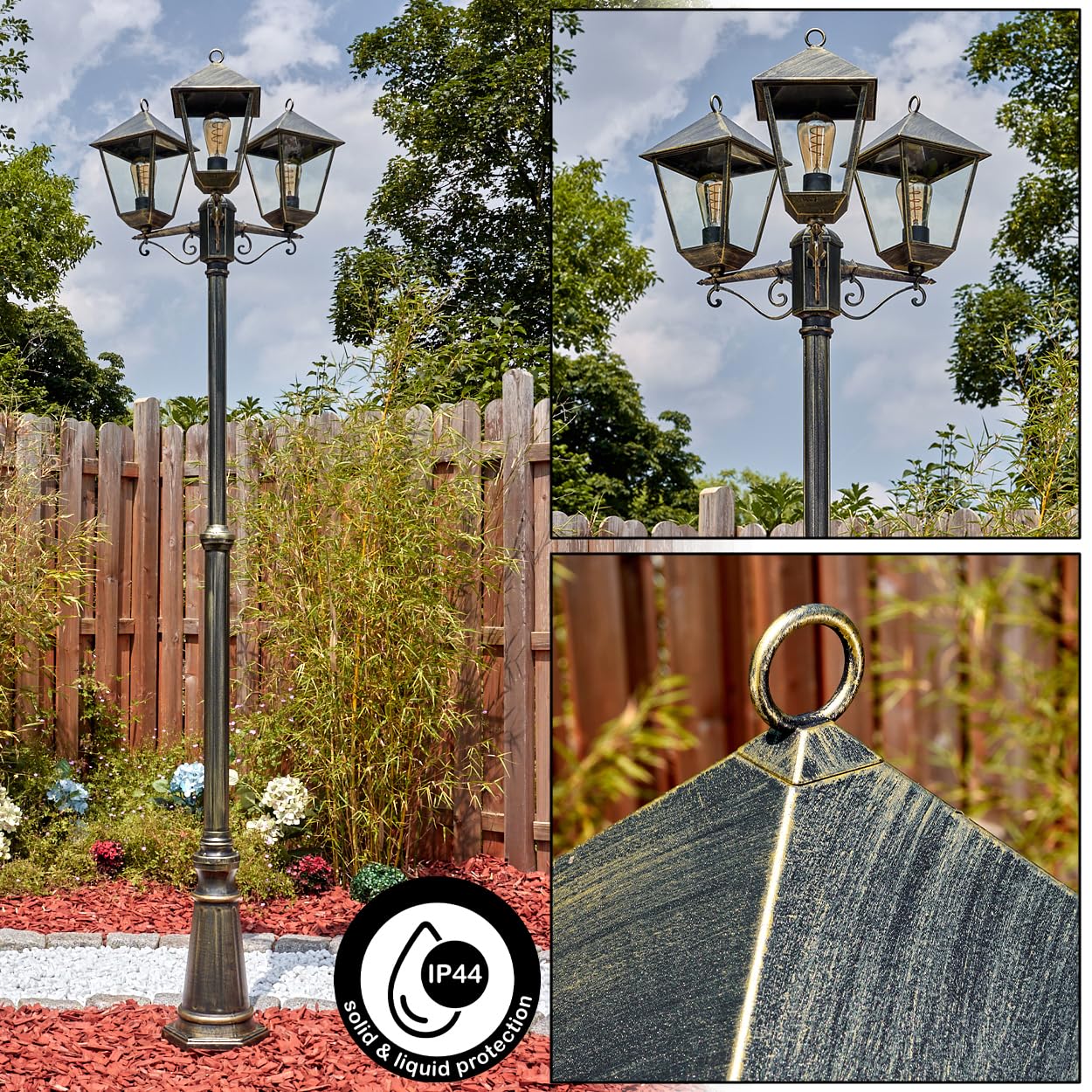 Kandelaber Anfei, Außenwegeleuchte aus Metall/Glas in Schwarz/Gold/Klar, Leuchte im Vintage/Antik/Landhaus-Design für Außenbereich/Garten/Terrasse, Höhe 240 cm, 3 x E27, ohne Leuchtmittel, IP44