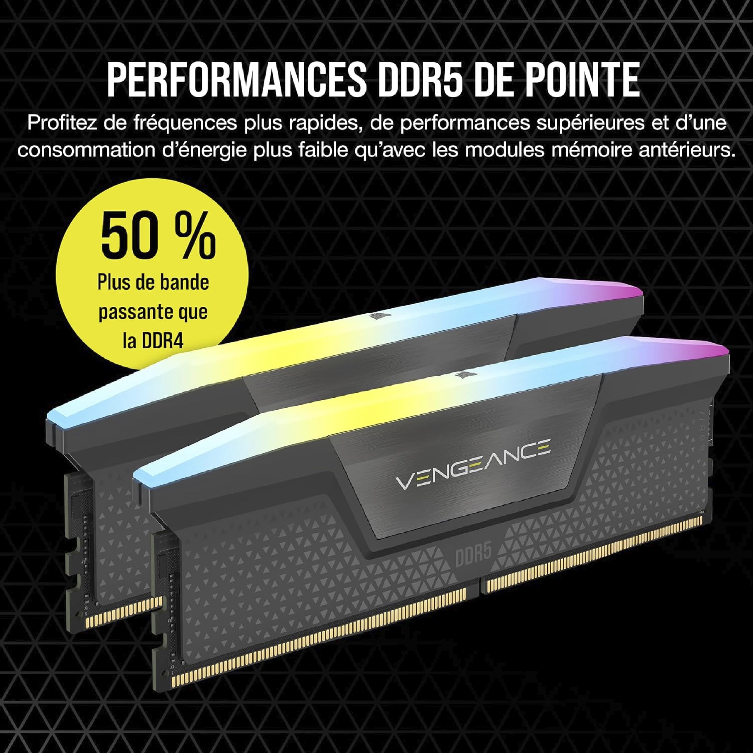 CORSAIR Vengeance RGB DDR5 RAM 16Go (2x8Go) Jusqu'à 5200MHz CL40-40-40-77 1.25V AMD Expo & Intel XMP 3.0 Mémoire pour Ordinateur de Bureau – Gris (CMH16GX5M2B5200Z40) - 3