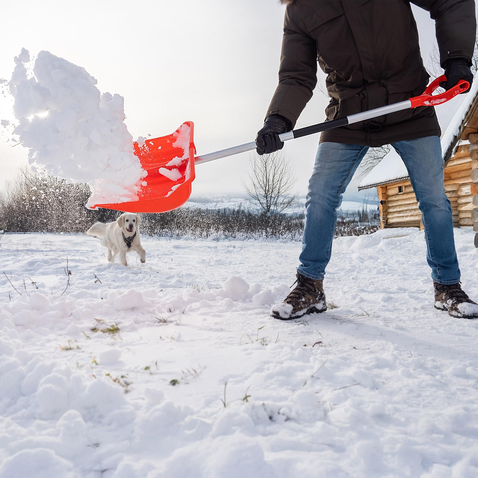 KADAX Pelle à Neige Professionnelle 50 x 138 cm - Poignée Antidérapante, Lame en Plastique et Bord en Aluminium (Orange)