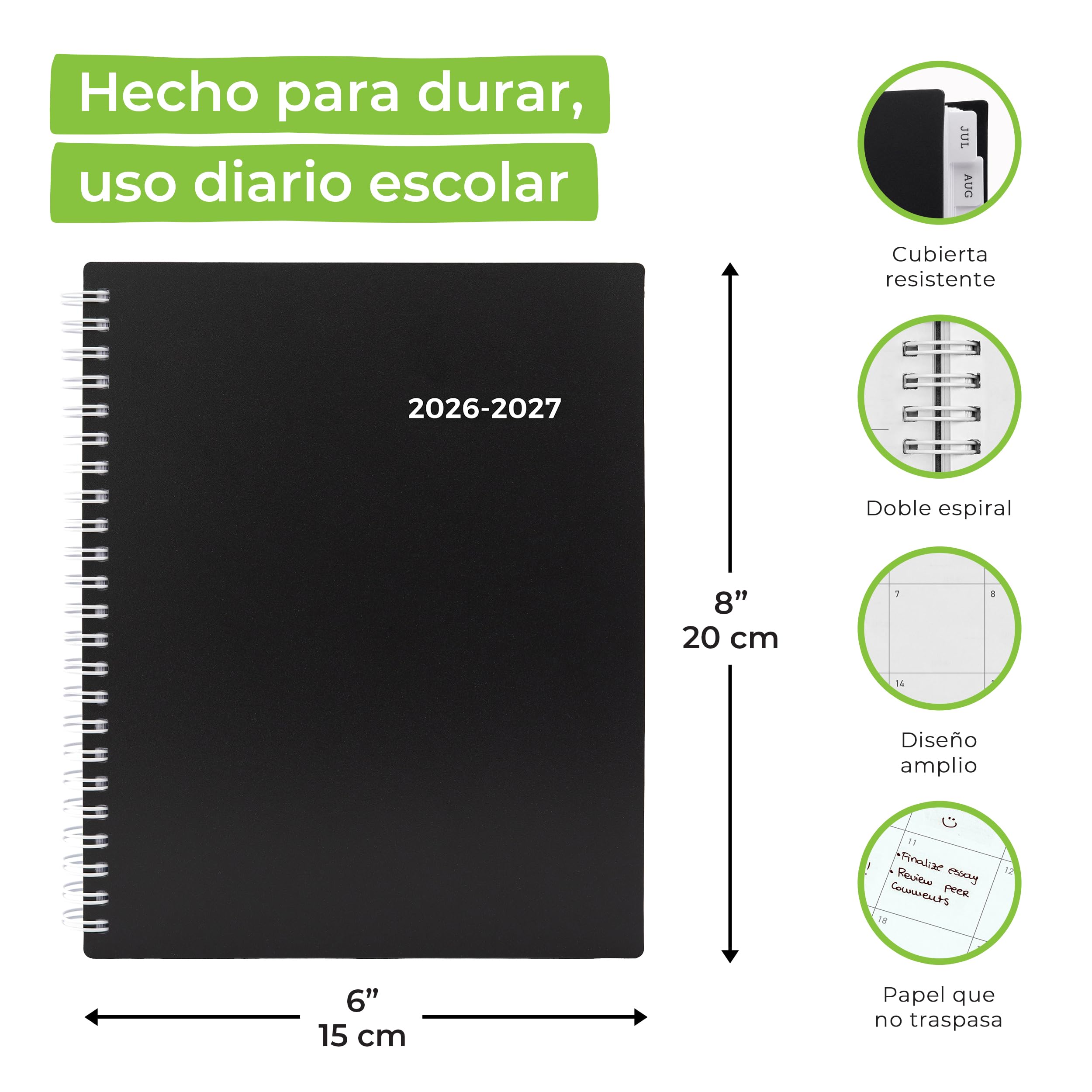 WallDeca Planificador Académico 2026–2027, Agenda Diaria, Semanal y Mensual, Julio 2026–Junio 2027, Páginas de Notas, Doble Espiral, 20 × 15 cm (en Español)