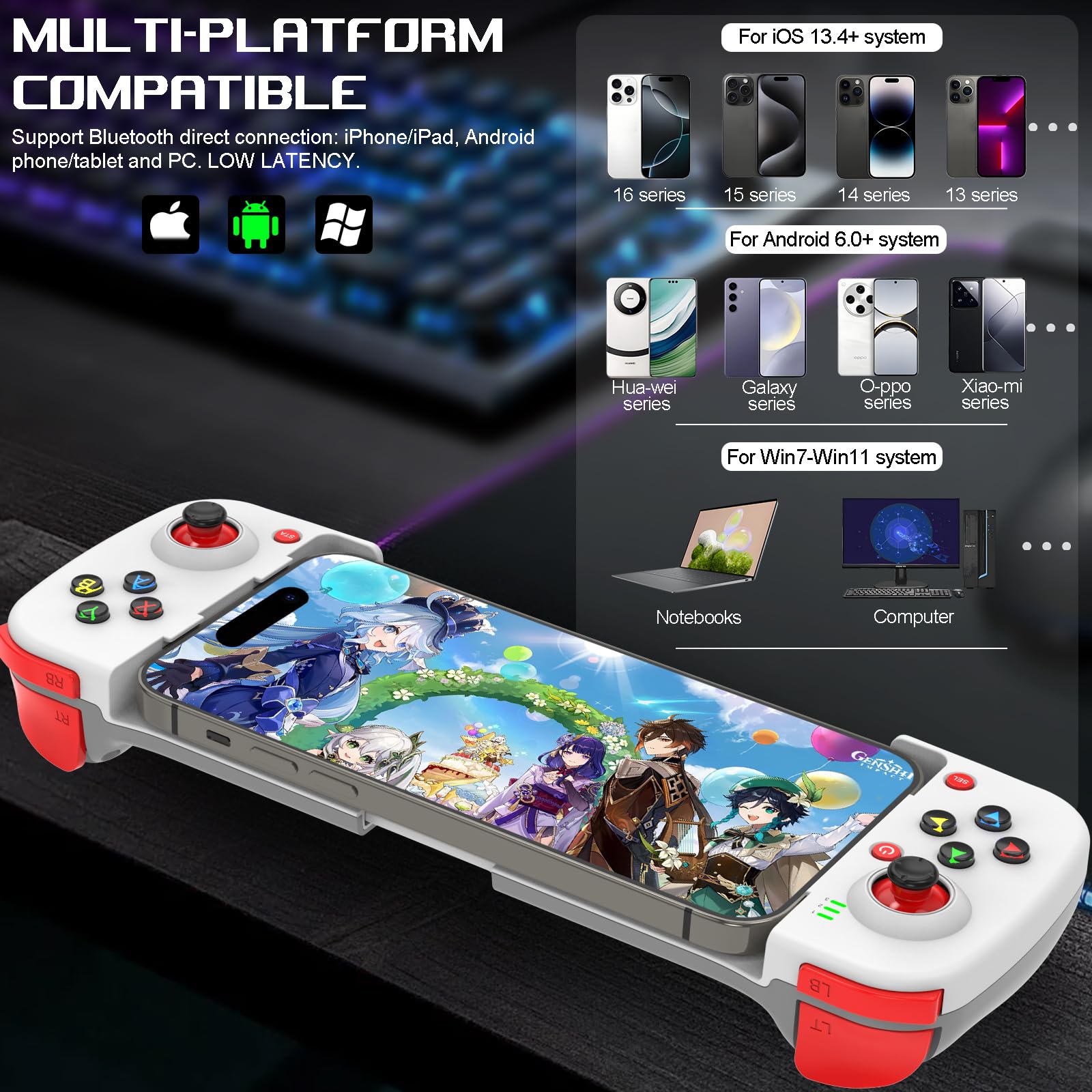 Wireless Gaming Controller for iPhone/iPad/iOS/Android/Samsung/PC Gamepad Joystick with Back Button, Analog Triggers, Stretchable, Bluetooth 5.0 Low Latency, Direct Play for CODM,Diablo Immortal-Weiß