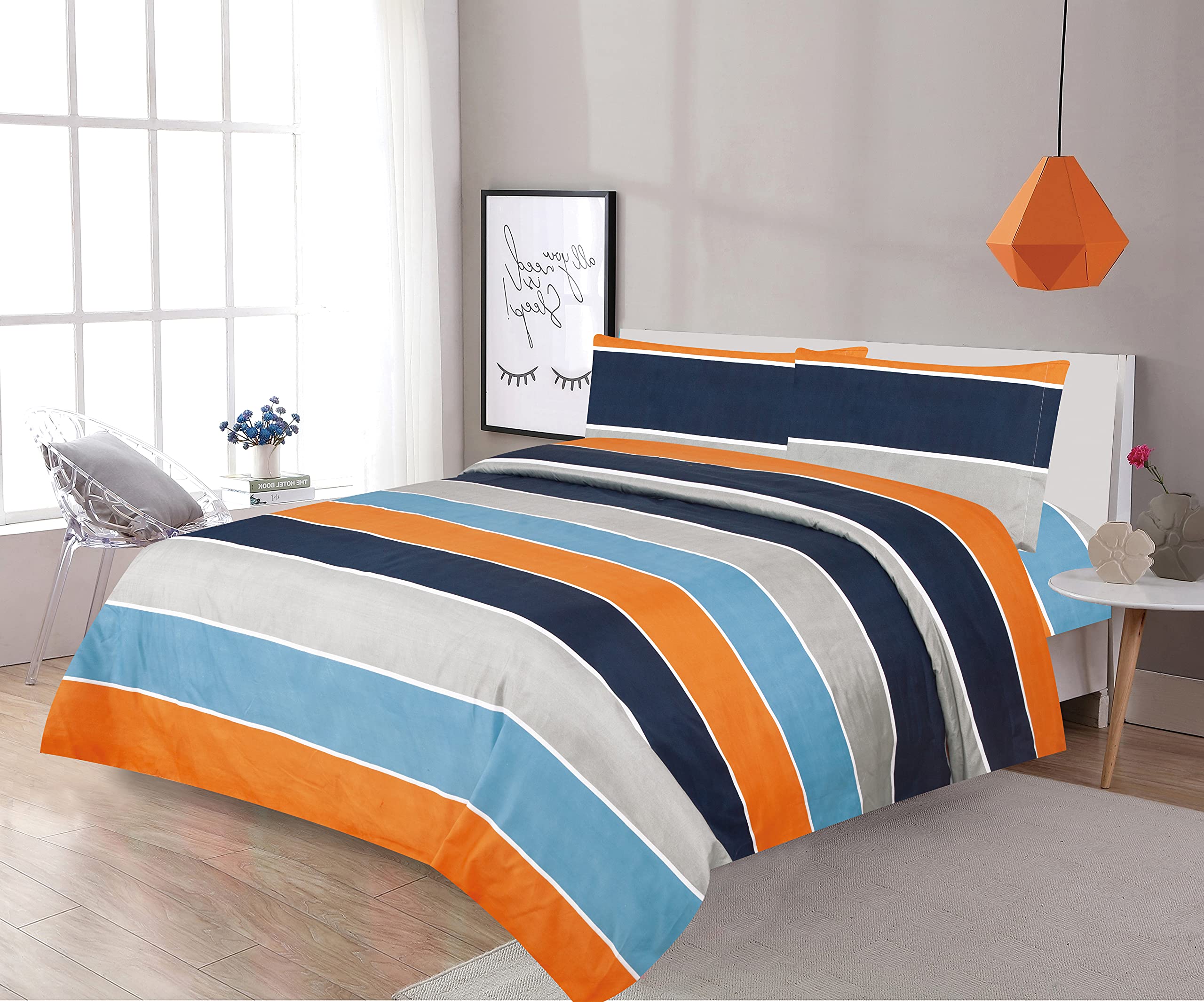 Sapphire Home Four (4) Piece Full Size Print Sheet Set with Fitted, Flat and 2 Pillow Cases, Blue Orange Gray Stripes Print Multicolor Boys Kids Girls Teens Bedding Sheets, (Sheet, F, Navy/Orange)