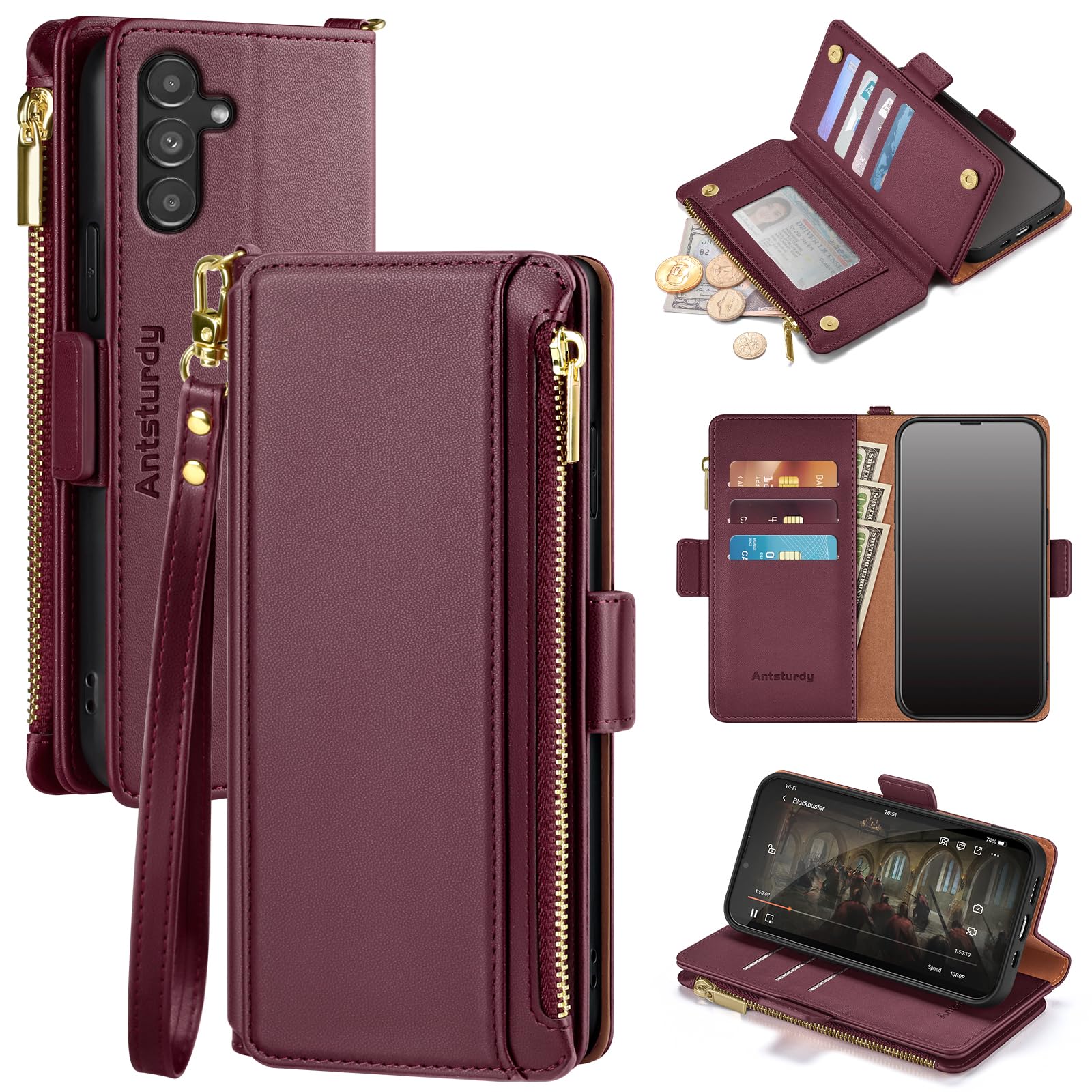 Antsturdy Compatible with Samsung Galaxy A13 5G Case Wallet with Card Holder Women Men Phone Case RFID Blocking PU Leather Flip Folio Shockproof Cover Wrist Strap Zipper Credit Card Slots,Wine Red