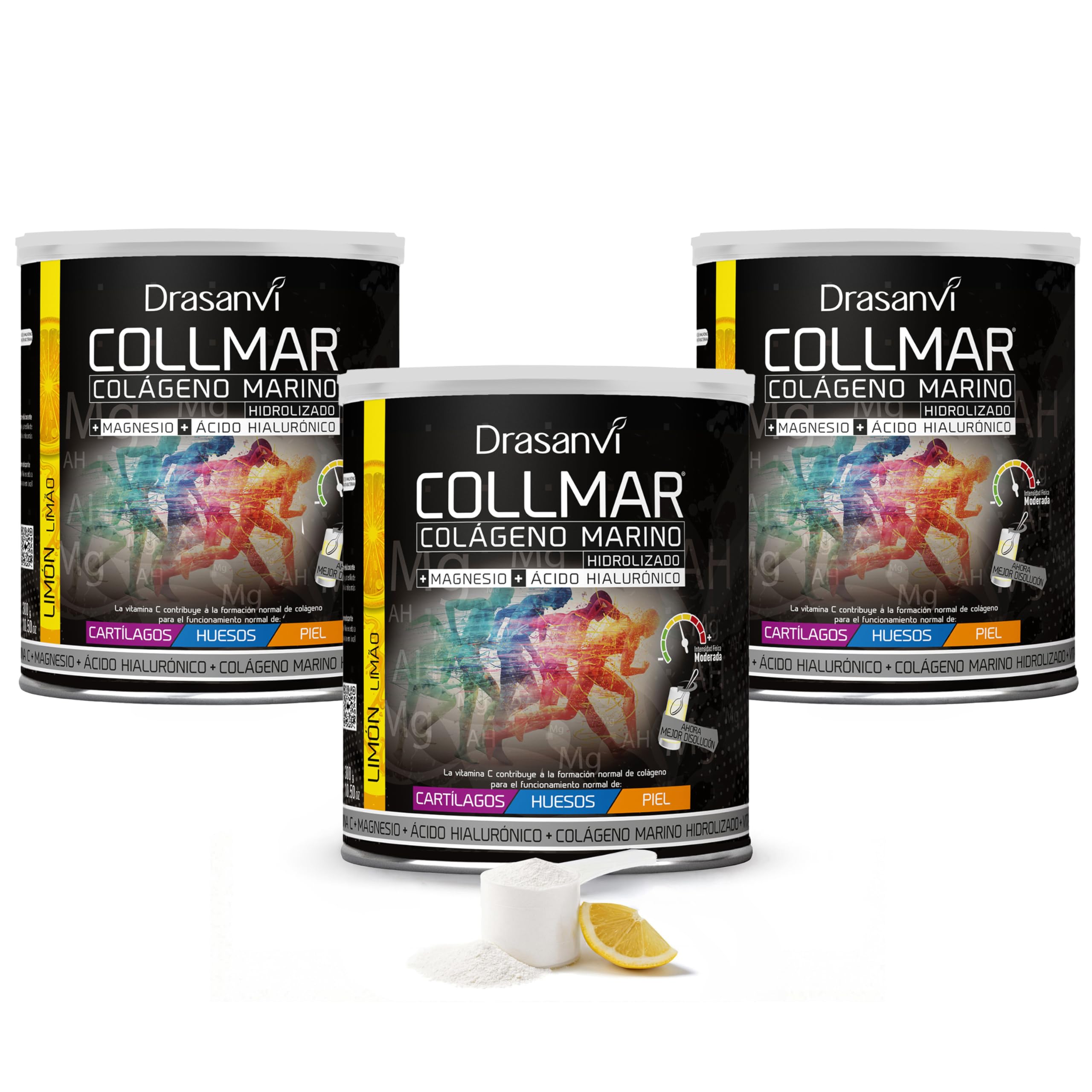 Colageno Drasanvi Collmar Hidrolizado Marino Con Acido Hialuronico Magnesio | Cuida Cartilagos, Huesos Y Piel, Con Vitamina C Natural - Colageno Marino Hidrolizado En Polvo Sabor Limon, Pack 3x300 G