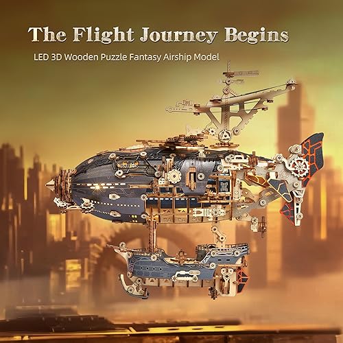 Miniatura 2 de Rompecabezas de madera LED 3D modelo de dirigible de fantasía - Kit de manualidades Steampunk DIY con luces LED - Intrincado modelo de dirigible de