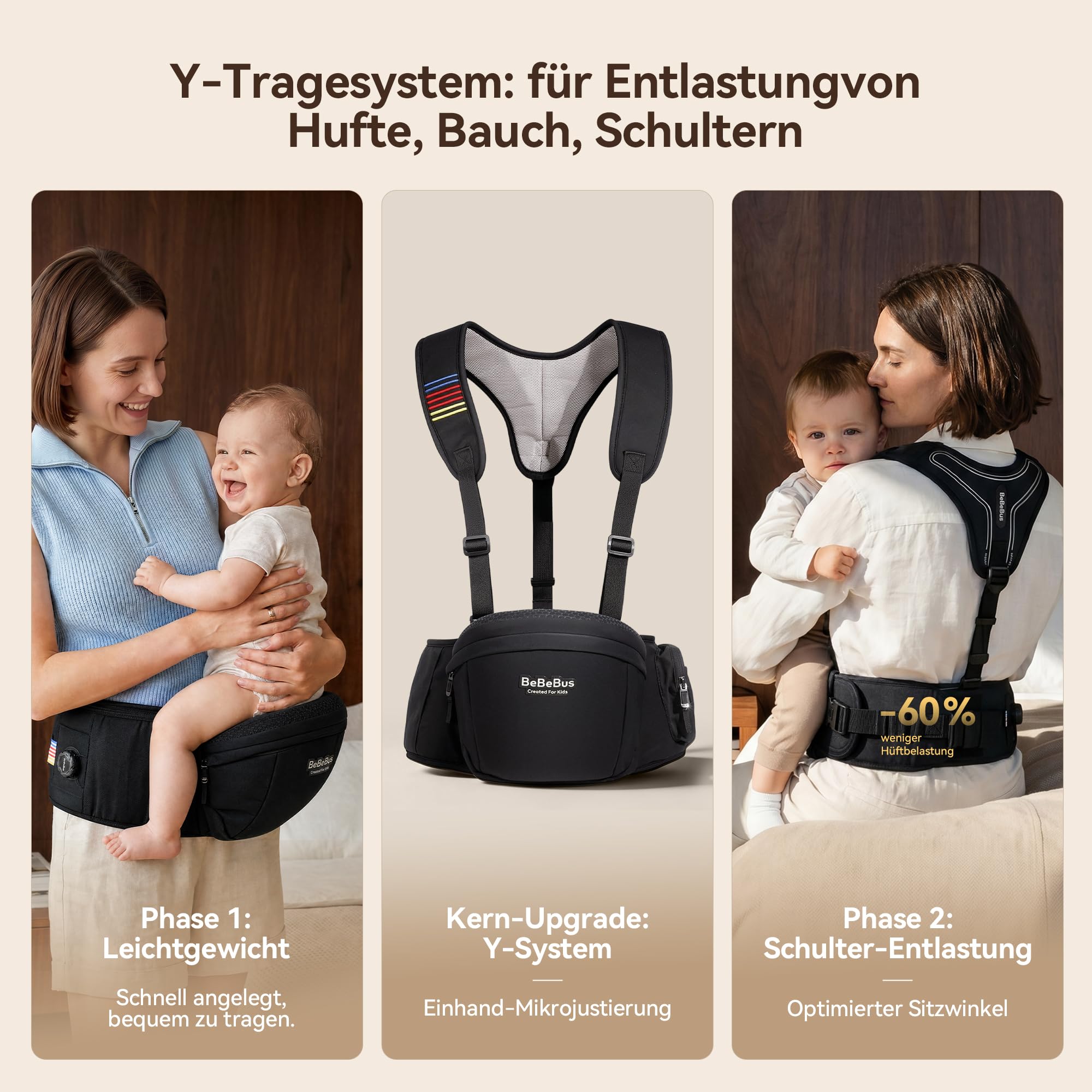 Portabebé Ergonómico con Asiento de Cadera, Mecanismo Rotativo de Bloqueo, Diseño en Y para Aliviar la Espalda, Gran Espacio de Almacenamiento, Taburete de Cintura 0-36 Meses, hasta 20 kg