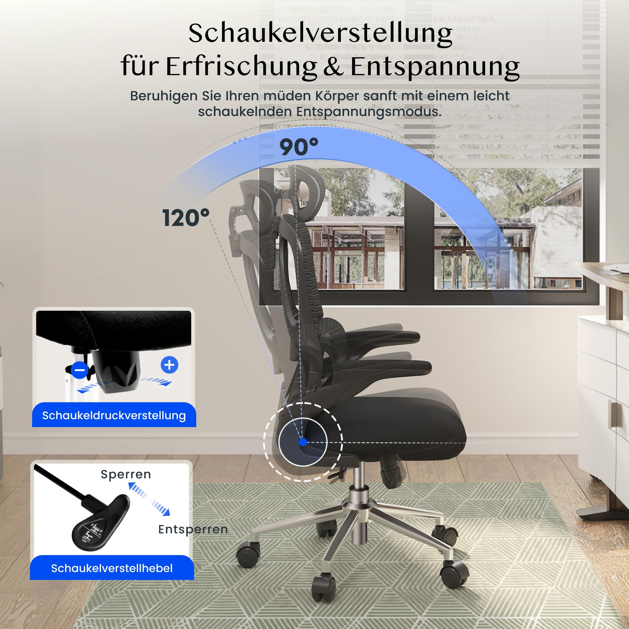 FLEXISPOT Ergonomischer Bürostuhl, Schreibtischstuhl mit 2D-Kopfstütze, Klappbare Armlehnen & Dynamische Lendenstütze, Stuhl mit 120° Wippfunktion für Homeoffice, Arbeitszimmer, Büro (Schwarz)
