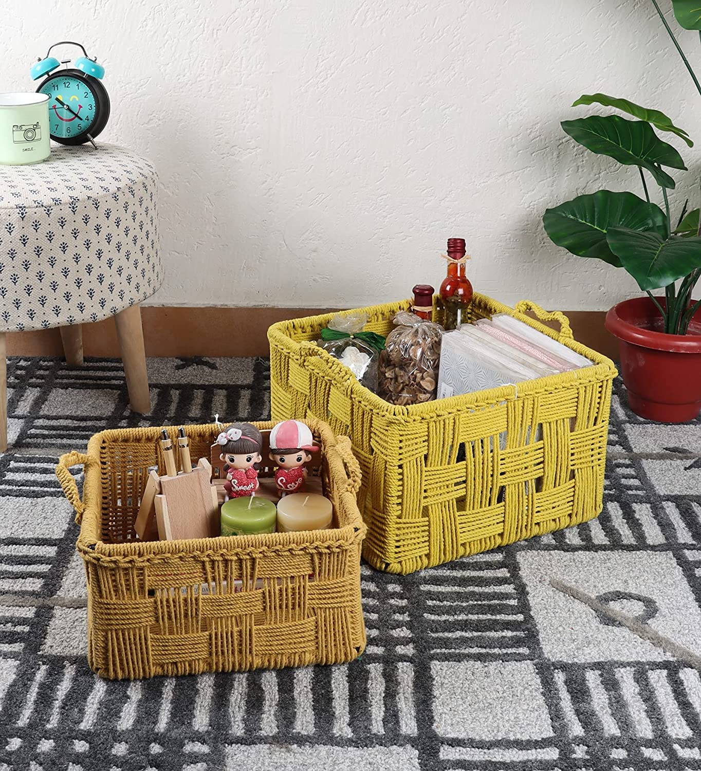 TIP TOE　ティーバスケット The Tickle Toe Home Storage Iron Frame Cotton Rope Basket Yellow
