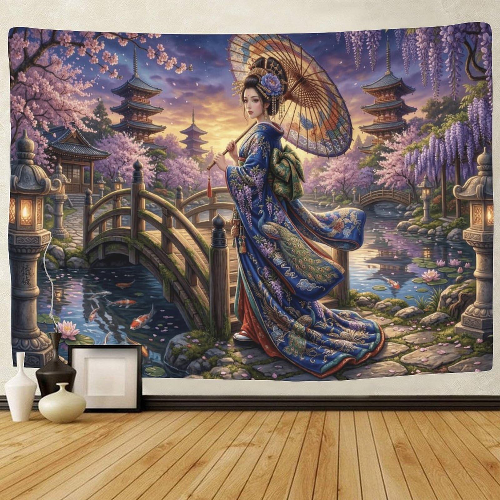 GPMNBCXZK Japanese Geisha Wall Tapestry Bedroom Living Room Home Decor Sakura 3D Printed Wall Art 70cmx100cm