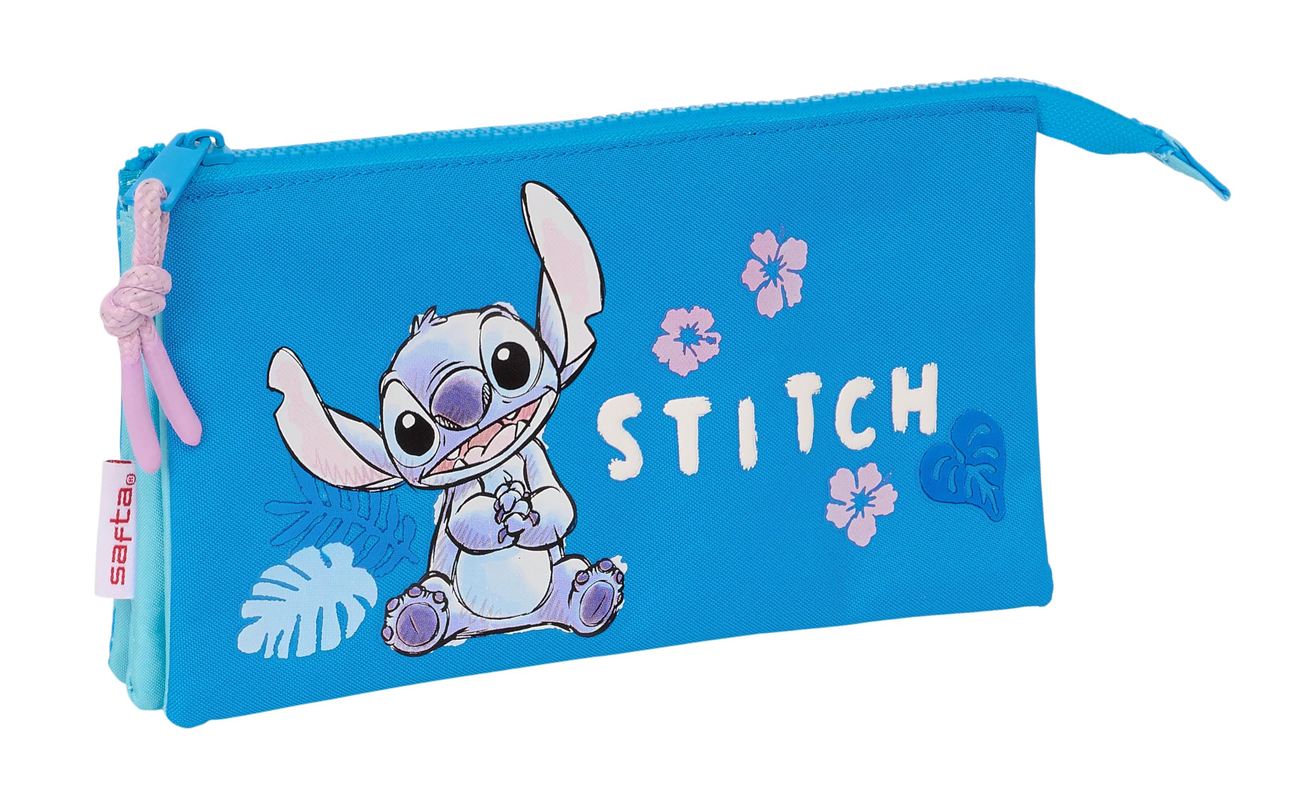 Stitch Hawaii - Portatodo Triple, Estuche Infantil, Estuche Niño, Ideal para Niños en Edad Escolar, Cómodo y Versátil, Calidad y Resistencia, 22x3x12 cm, Color Azul