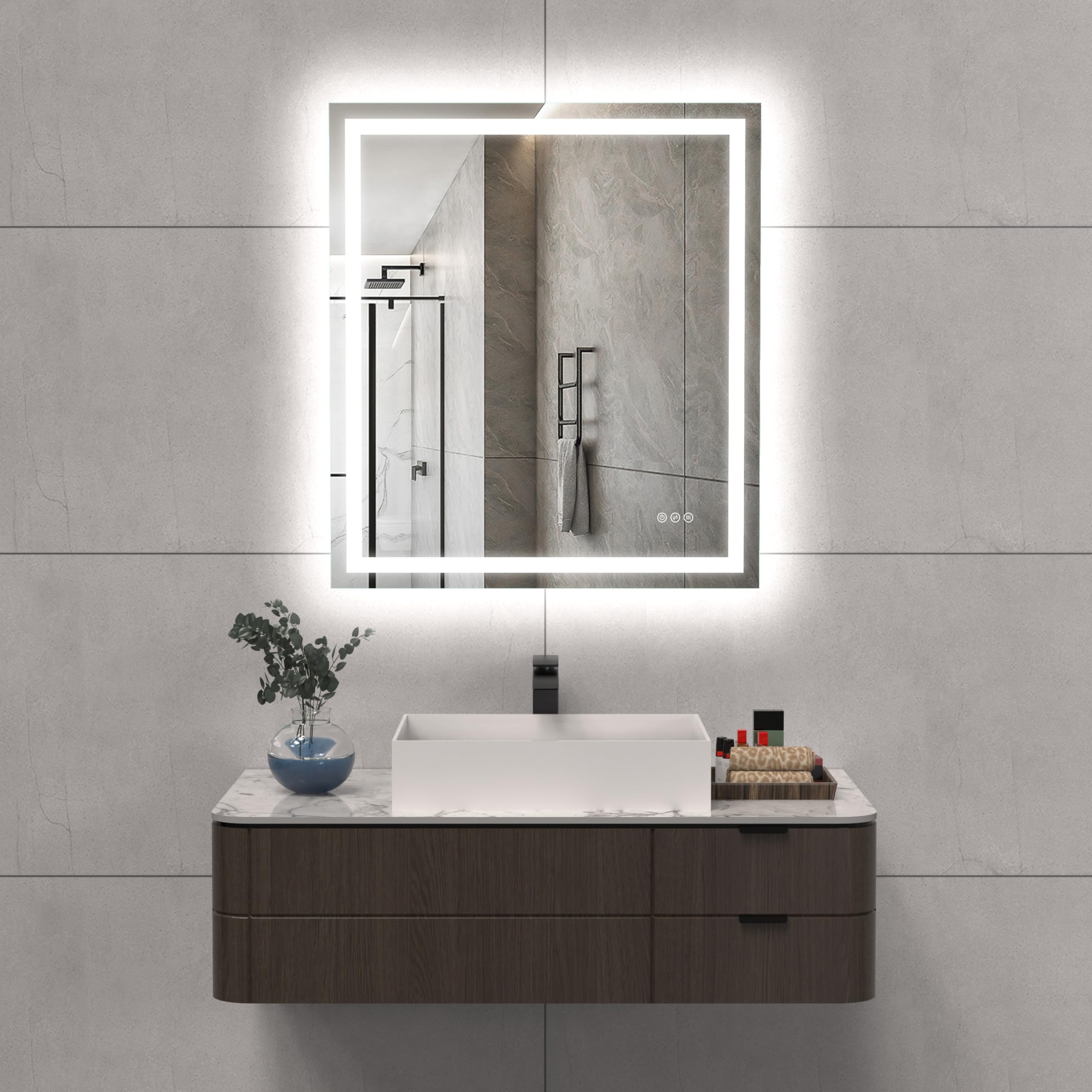LED Bathroom Mirror Lights 32x36 Inch Front & Backlit Lights Vanity Mirror, Wall Mounted Anti-Fog Dimmable LED Makeup Mirror, IP54 3K-6K Warm/Natural/Daylight, Tempered Glass (Horizontal/Vertical) UL