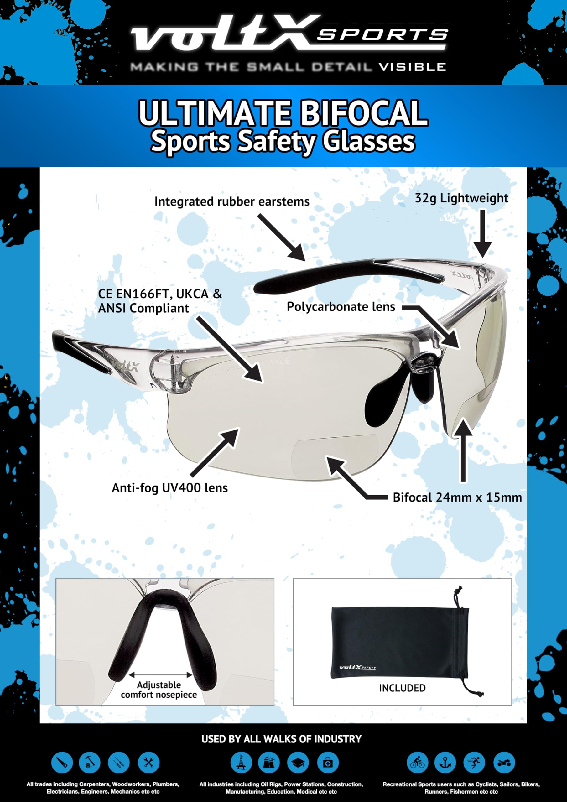 voltX 'ULTIMATE SPORTS' Bifocal Safety Glasses (+3.0 Dioptre, MIRROR Indoor/Outdoor Lens), Anti Fog Coated UV400 lens - Image 2