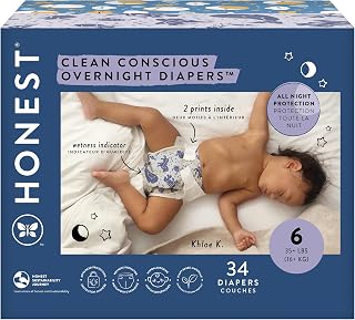 Honest Company Overnight Diapers Size 6 (35+ lbs) - Hypoallergenic Sensitive Skin, 12Hr Leak Protection, Wetness Indicator, 34 Ct