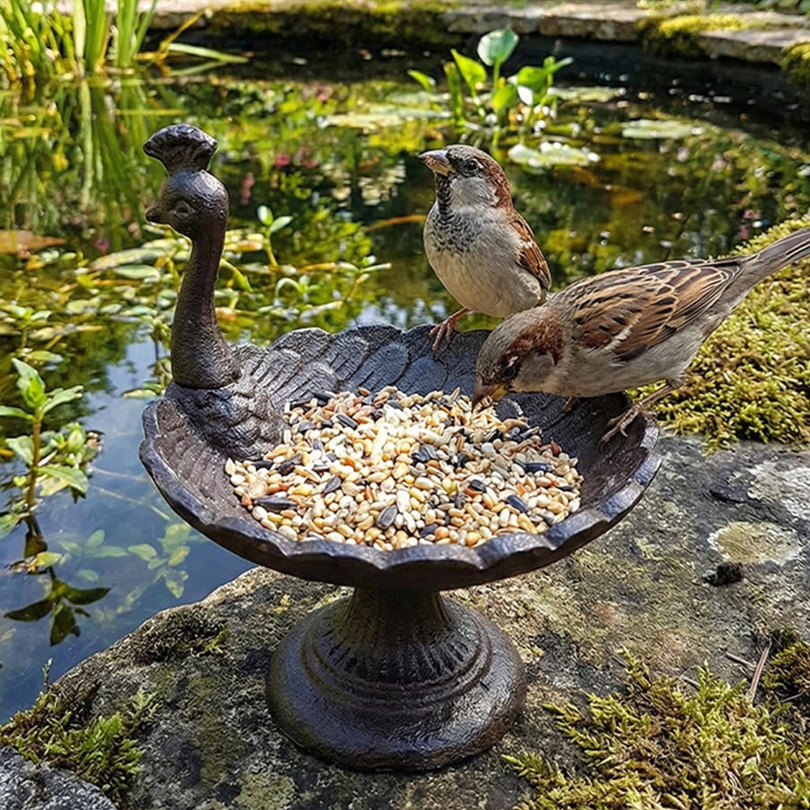 Comedero de pájaros de hierro fundido con diseño rural de Peahen, decoración al aire libre, estación de alimentación para amantes de la naturaleza, baño para decoración de jardín y patio