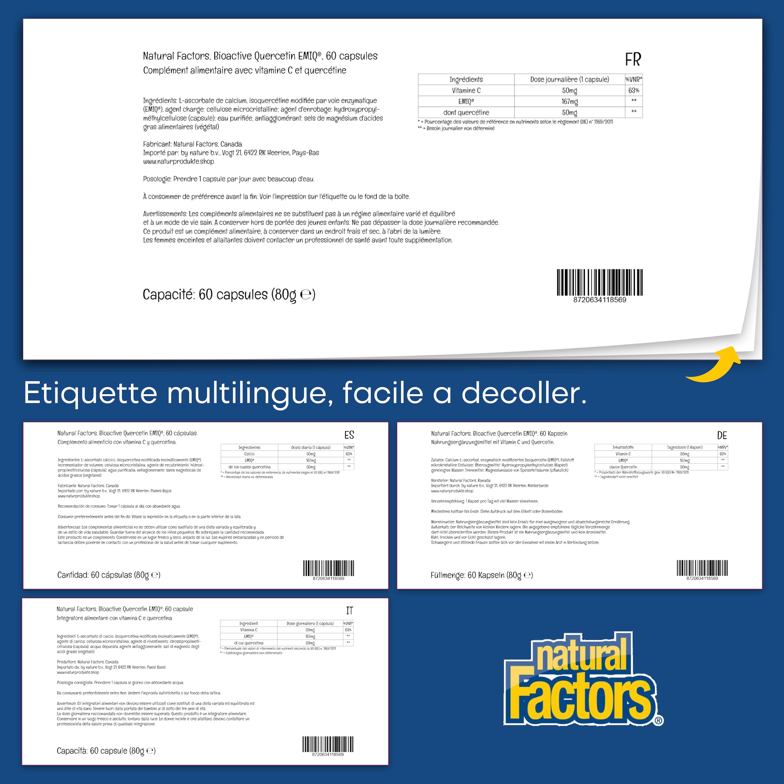Natural Factors, Bioactive Quercetin, avec Vitamine C, 60 Capsule végétaliennes, Végétarien, Sans Soja, Sans Gluten, Sans OGM