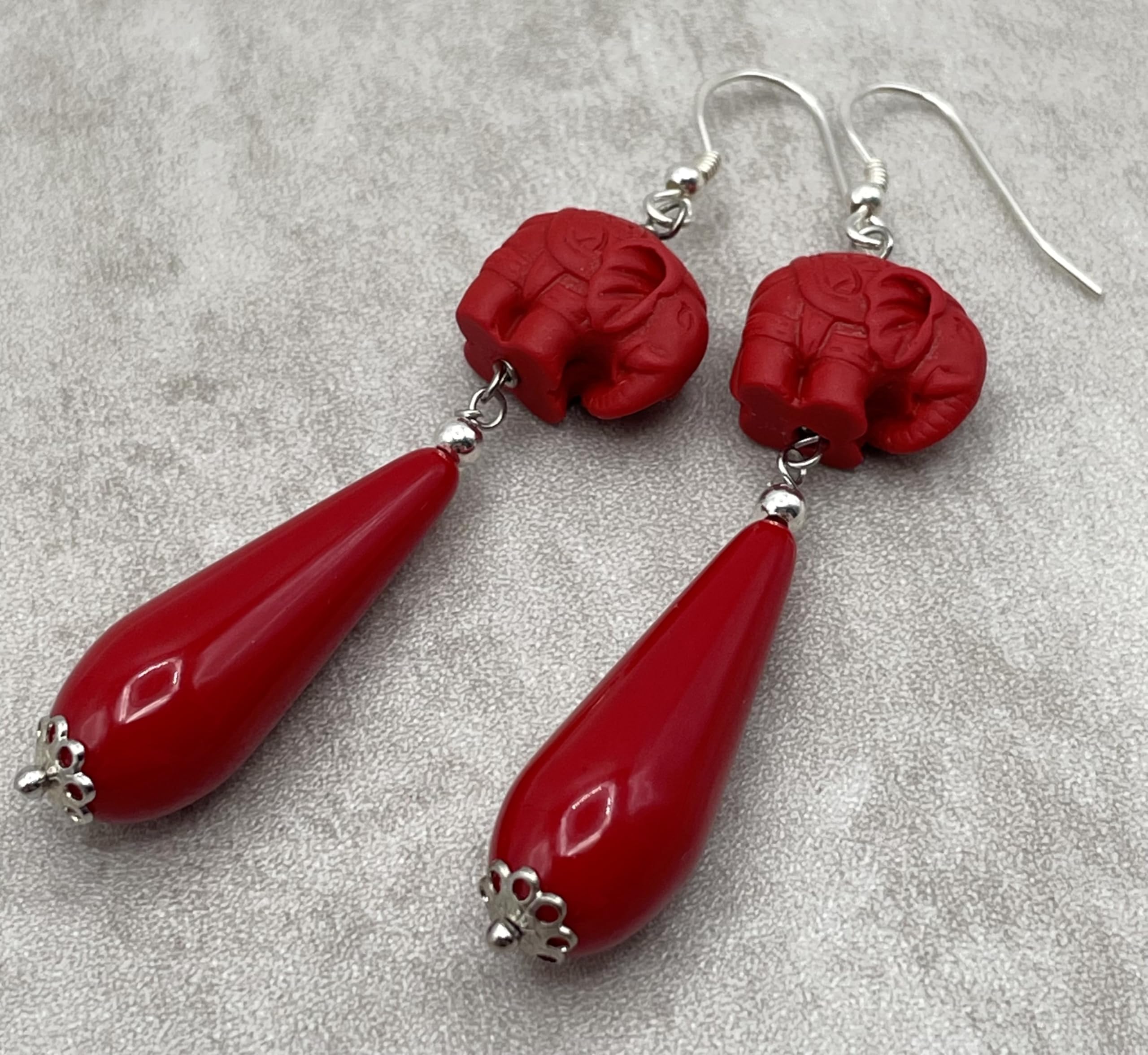 Orecchini con Elefanti in Lacca e Gocce Rosse, Pendenti in Argento 925, Gioielli Orientali, Bijoux Moderni, Regalo per Lei
