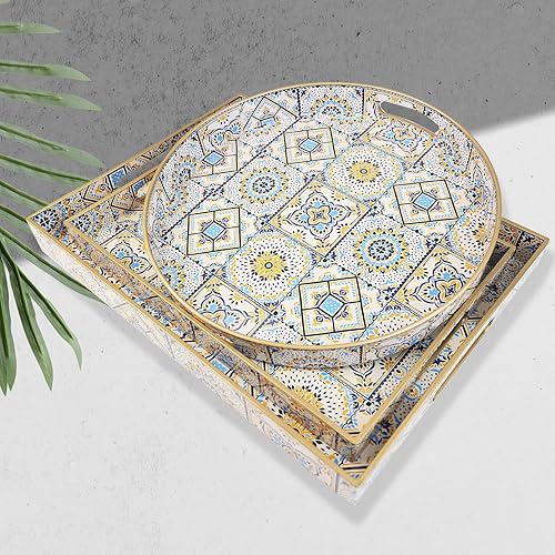 Miniatura 7 de Bandejas redondas de plástico decorativas bohemias de 13 pulgadas con asas para sala de estar, mesa de café, otomana, baño, cocina