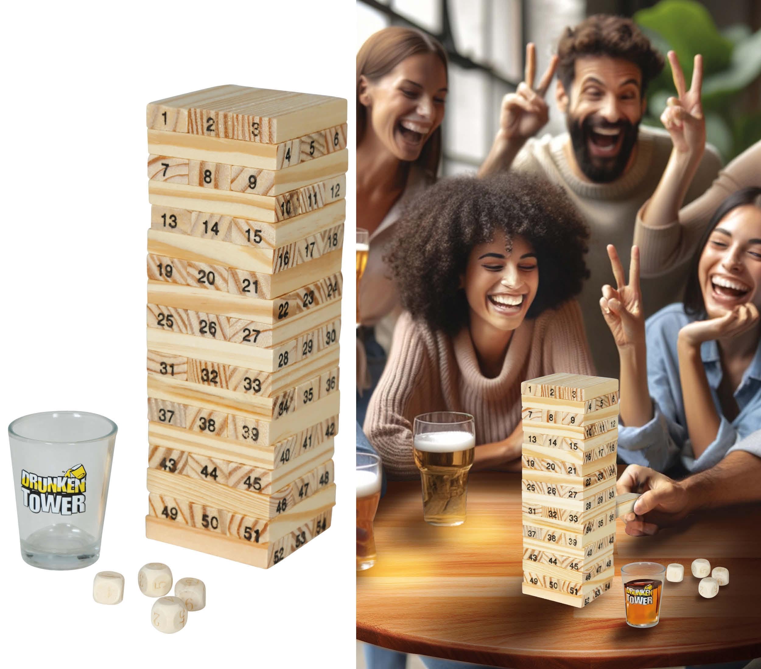 FIESTAS GUIRCA | Balance Game Wooden Blocks and 4 Cups - Fun Gadget for Beer Parties and Celebrations - Ideal for Drinking Games and Entertainment - Multicoloured