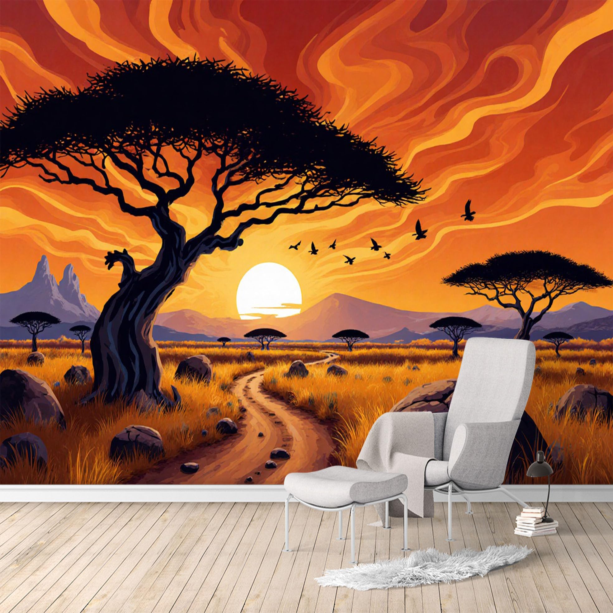 Custom Size Wall Murals, African Savannah Sunset Acacia Trees Silhouette, SelfAdhesive Water Activated Removable Wall Covering, Large Photo Wallpaper for Living Room Bedroom Office