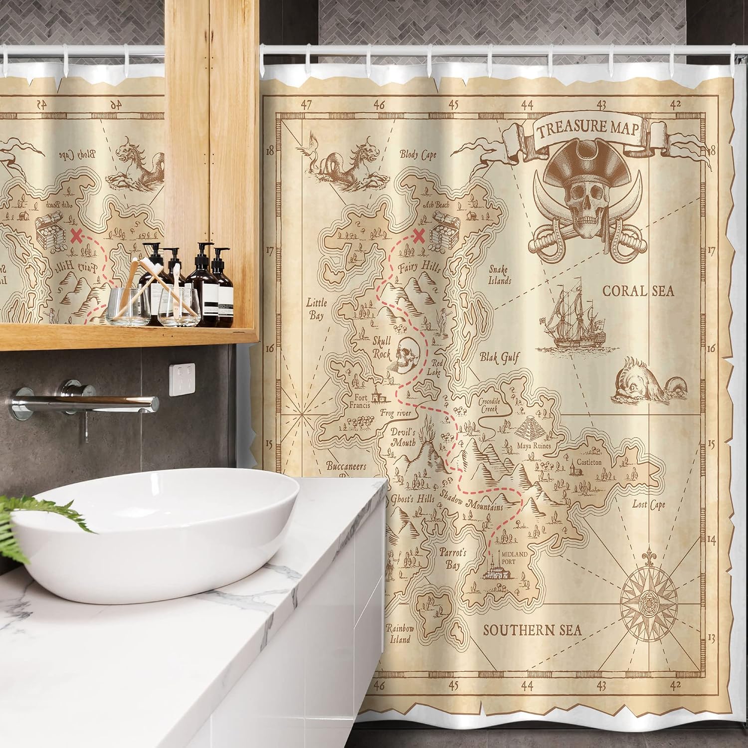 Ambesonne Island Stall Shower Curtain, Old Antique Treasure Map Details Retro Color Adventure Sailing Pirate Print, Fabric Bathroom Decor Set with Hooks, 54" W x 78" L, Cream