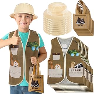 24 Pieces Safari Dress up Supplies Including Vest Explorer Hat and Tote Bag Jungle Birthday Party Favor Costume for Birthd...