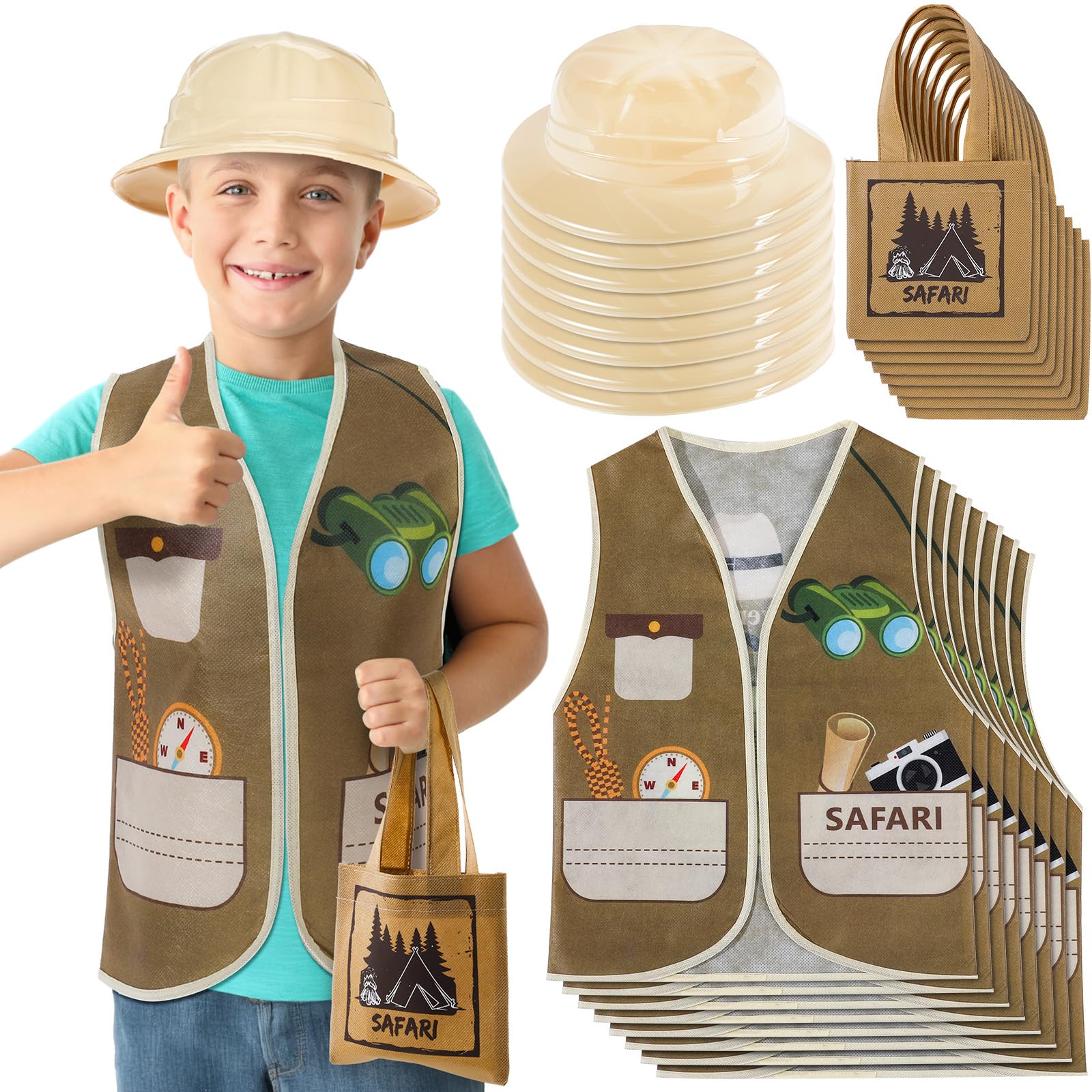 Geyoga 24 Pcs Kids Safari Costume Jungle Birthday Party Decorations Include 8 Plastic Safari Hats 8 Jungle Vest 8 Tote Bags Girls Boys Wild Explorer Costume Outdoor Activity Birthday Halloween Outfit