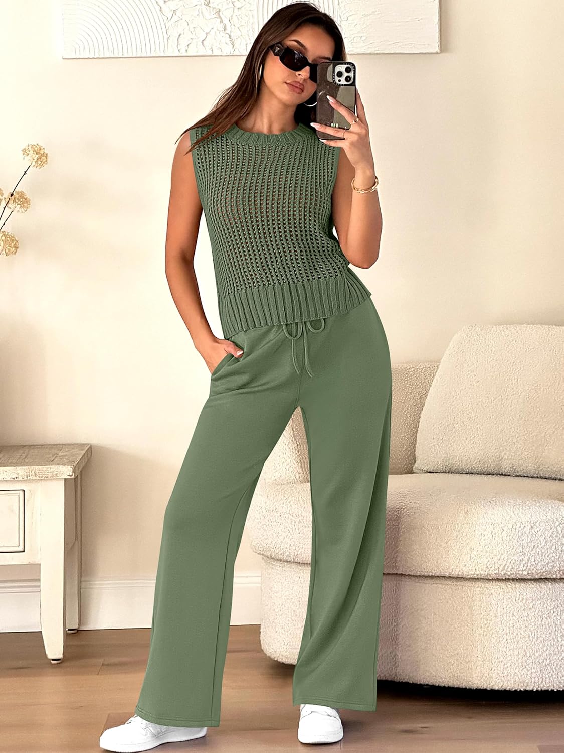 ANRABESS Women 2 Piece Summer Outfits 2026 Crochet Sweater Vest Wide Leg Pants Lounge Matching Sets Travel Vacation Clothes - Image 3