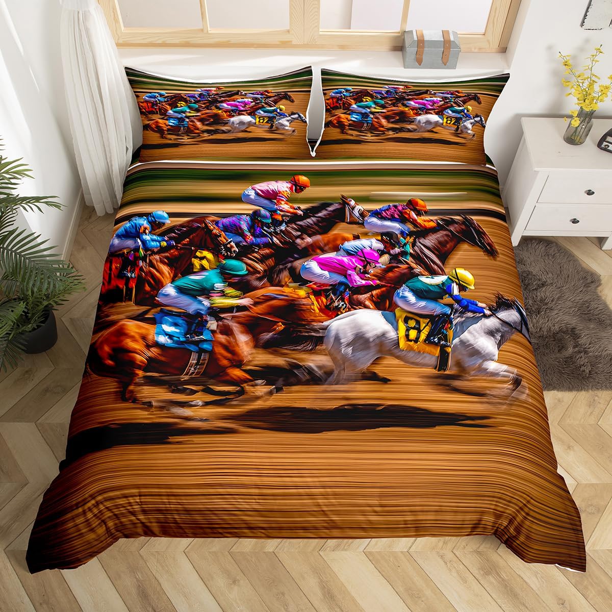 jejeloiu Horse Riders Duvet Cover Twin Size Horse Race Bedding Set for Boys Girls Western Cowboys Comforter Cover Rustic Farmhouse Bedroom Decor 2Pcs Dark Brown