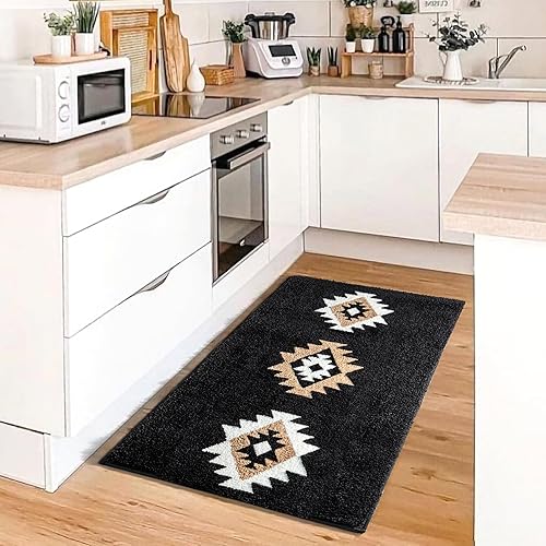 Miniatura 2 de DEXDE Alfombra de baño estilo bohemio azteca negra, antideslizante, geométrica occidental, de lujo, suave, absorbente, para baño, ducha, cocina,