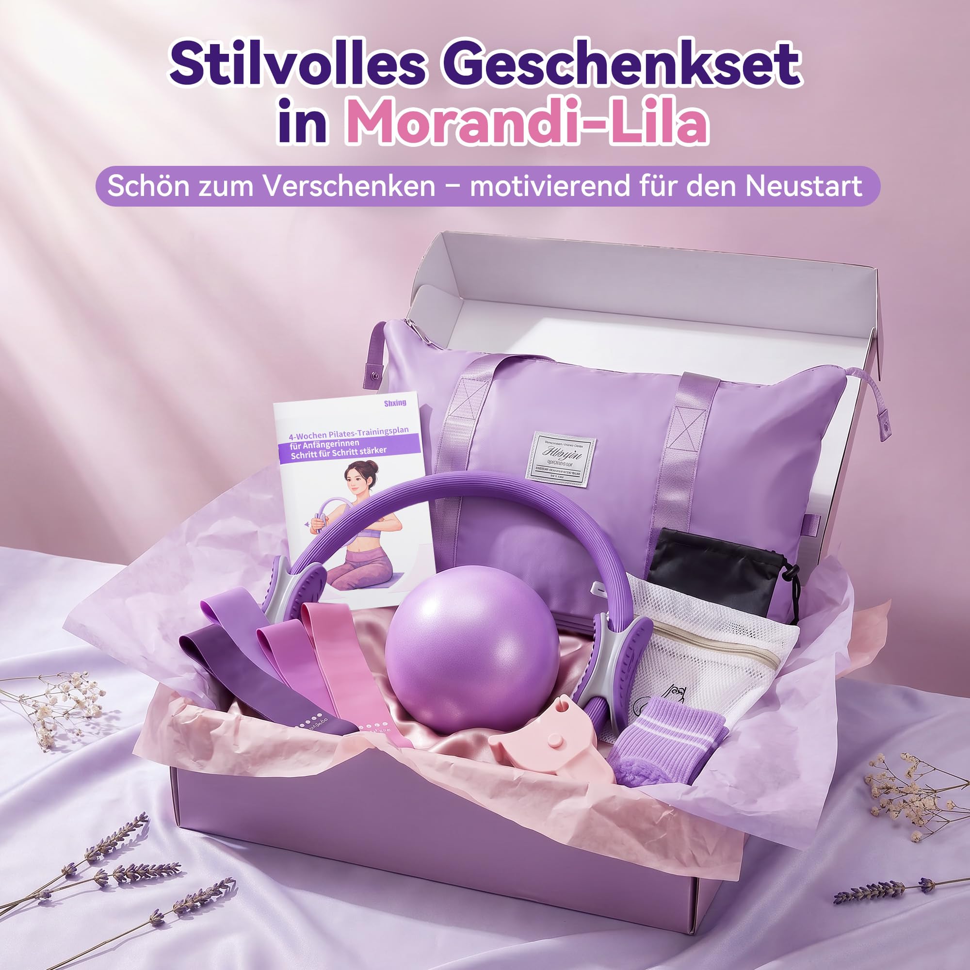 Pilates Set für Anfänger, für Fitness und Training zu Hause | Pilates Ring Set mit Ball, 5 Widerstandsbändern, Socken und 4-Wochen-Plan für Damen, Kraft, Balance und Beweglichkeit