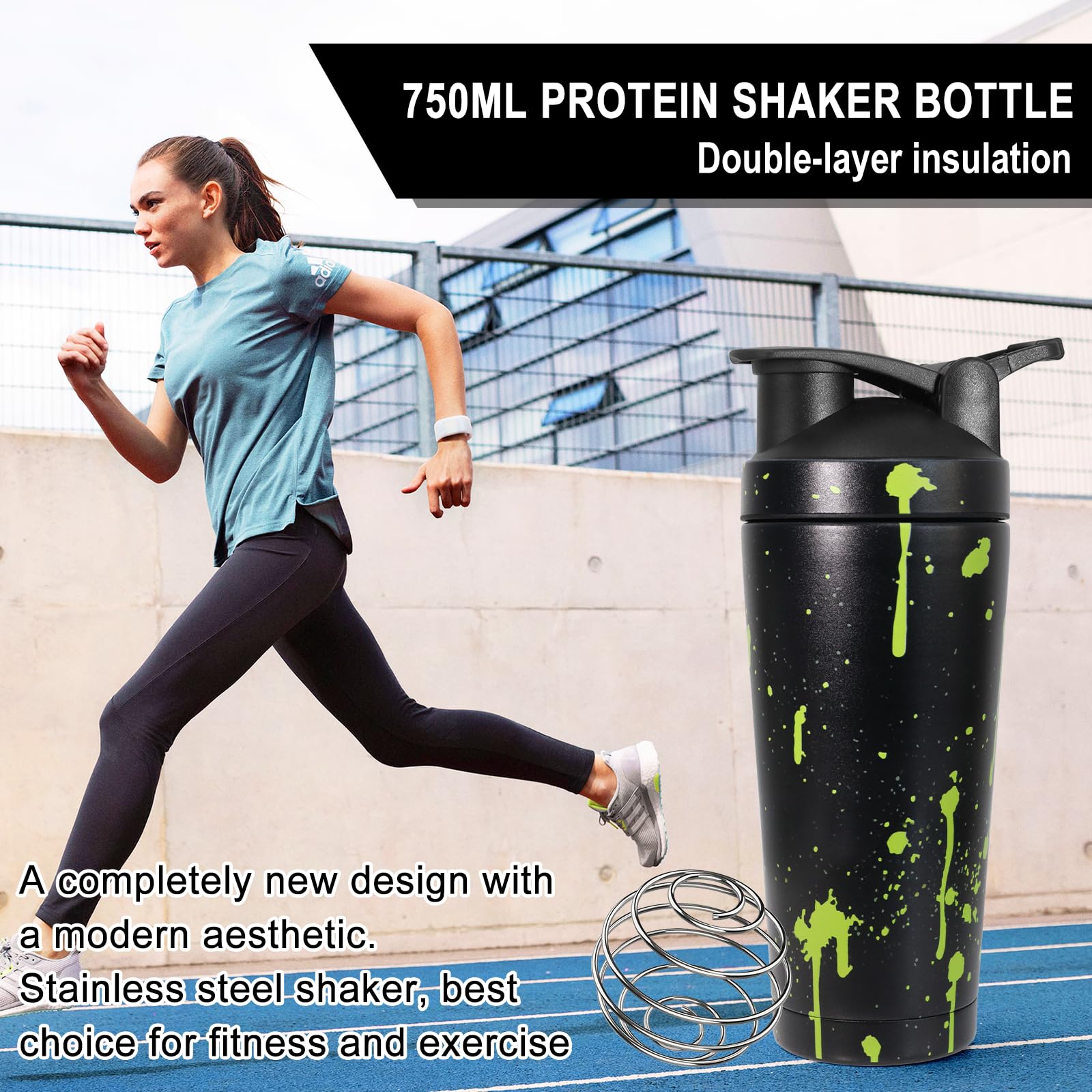 750ml Shaker Proteine, Shaker Proteine Inox, avec Boule en Spirale, sans BPA, étanche, Facile à Nettoyer, inoxydable Protéines Bottle de protéines, Bottle de protéines Conservation de la chaleu - Noir
