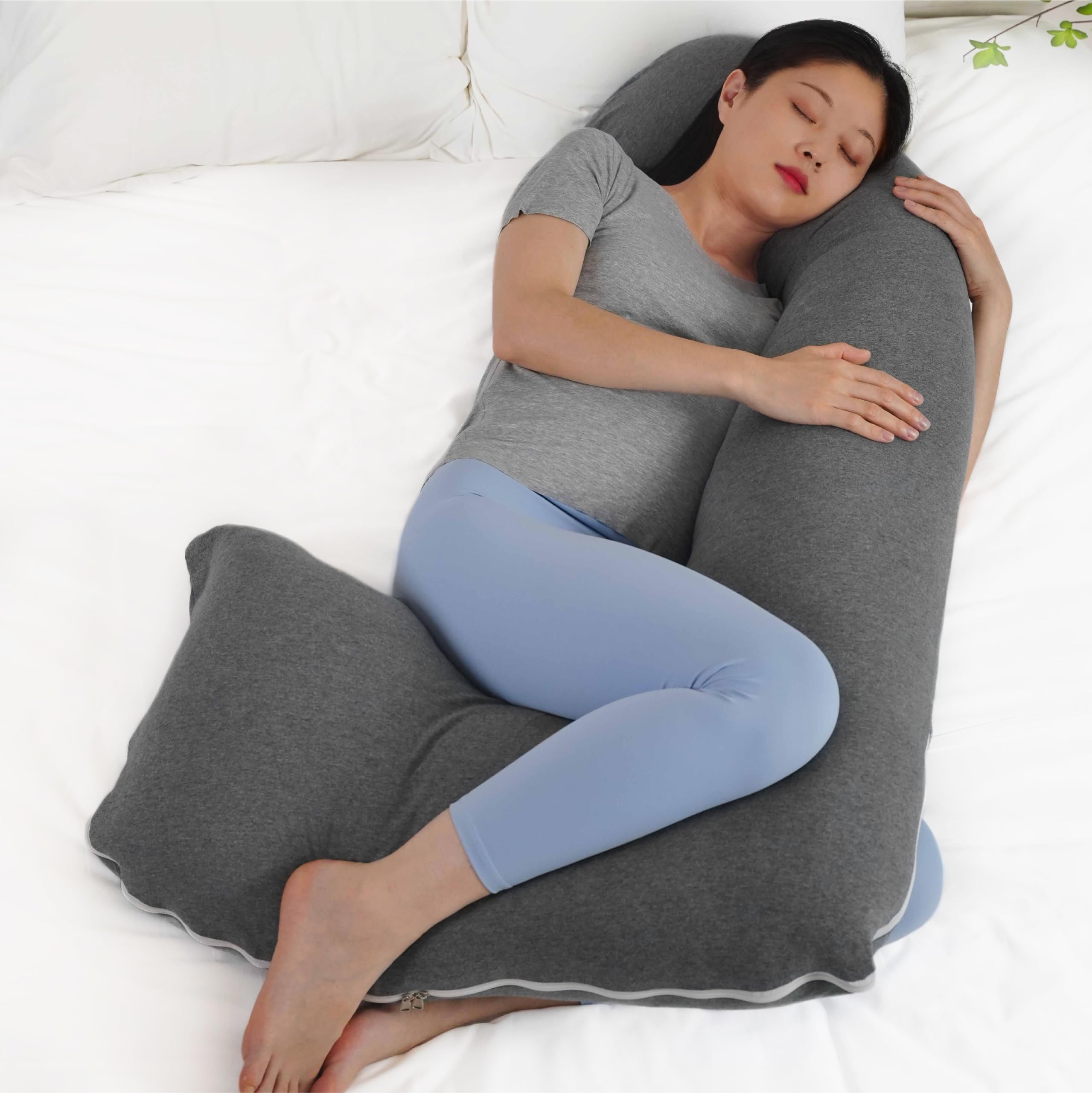 The Moon Brand Organic JShaped Maternity Pillow with Detachable Back Support - Sleeping Support - LumpFree Filling - Full Body, Back, Hips, Legs, Belly - Washable Cover – 140x70cm-Grey