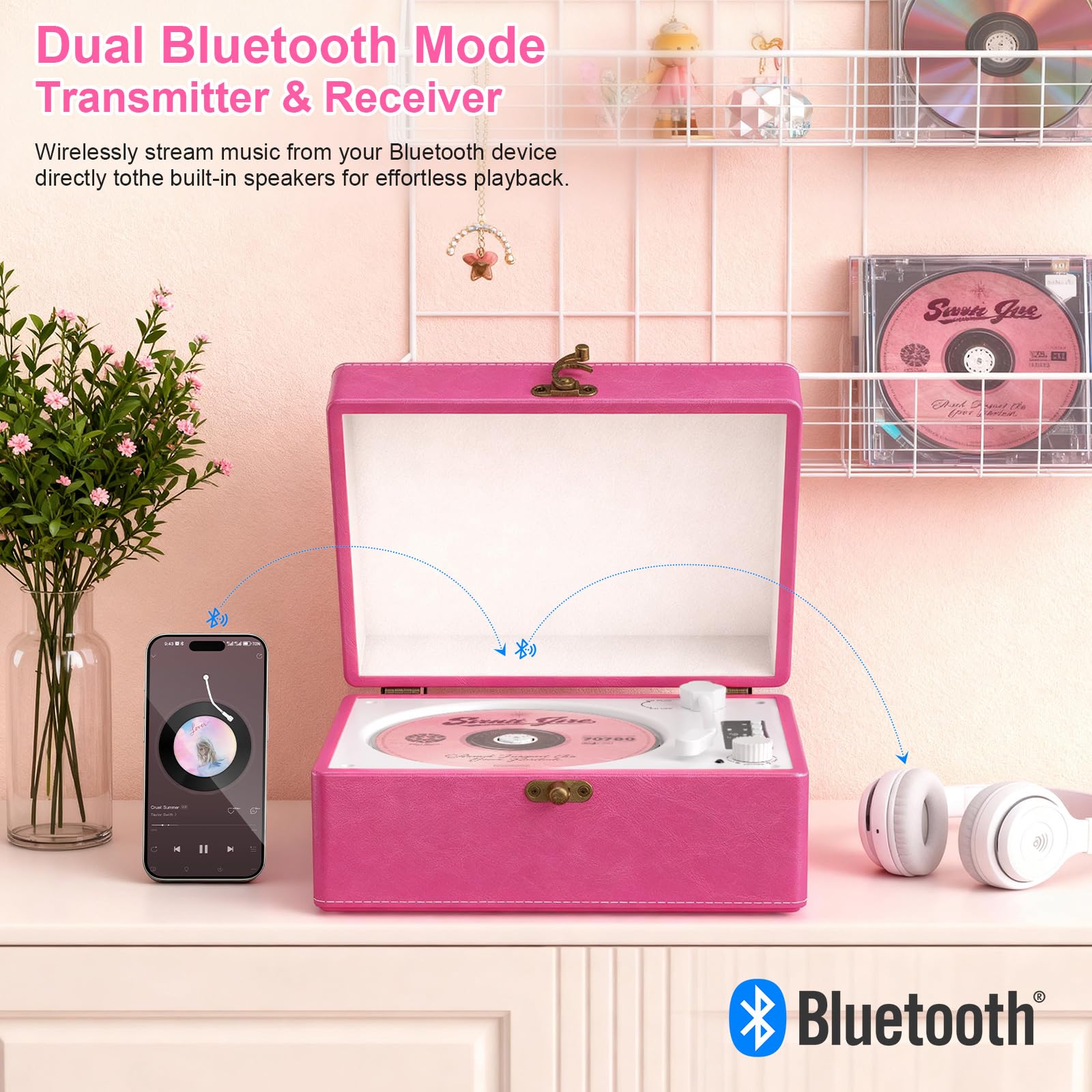 Portable CD Player with Built-in Speakers, Vintage CD Player Bluetooth, Support Bluetooth in & Out, USB/AUX/Type-C Playback, with LED Screen, Headphone Jack, Ideal Gift for Music Lovers(): Hot Pink