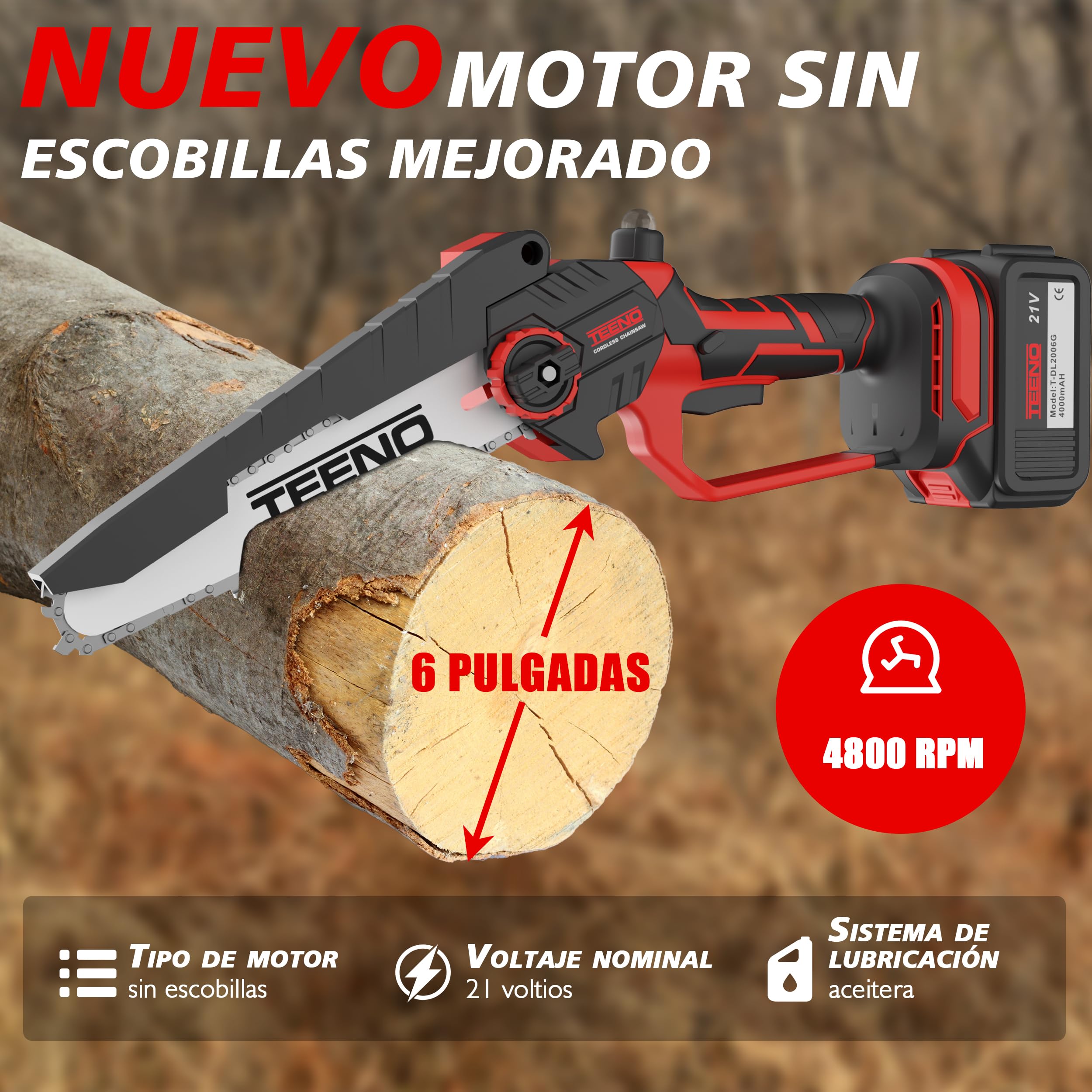 motosierra eléctrica TEENO,Sierra Electrica Podar Arboles 2 en 1, cortadora de ramas telescópica eléctrica, pértiga telescópica, 6 pulgadas, batería 2 * 4000 mAH