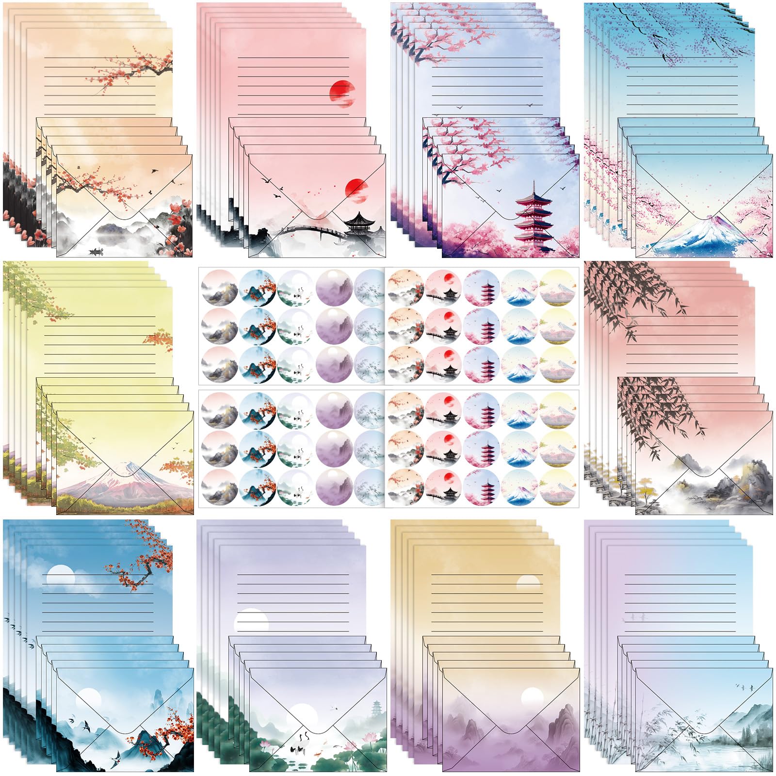 Outus 215 Pcs Japanese Stationary Set Including 70 Japanese Ink Painting Writing Papers 70 Envelopes 75 Round Stickers Watercolor Writing Stationery