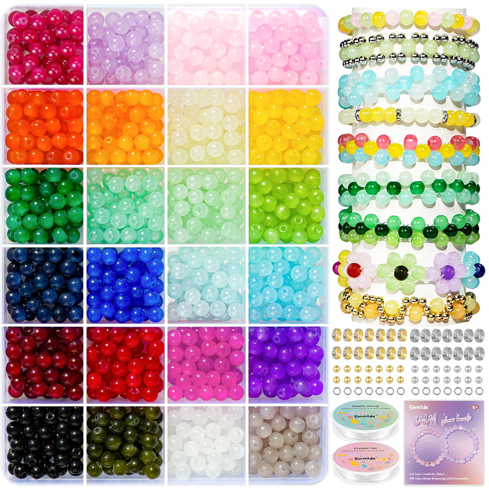 Sunlode - Kit de 1400 cuentas de vidrio para pulseras, 6 mm, 24 colores, para hacer joyas, cuentas redondas para manualidades.