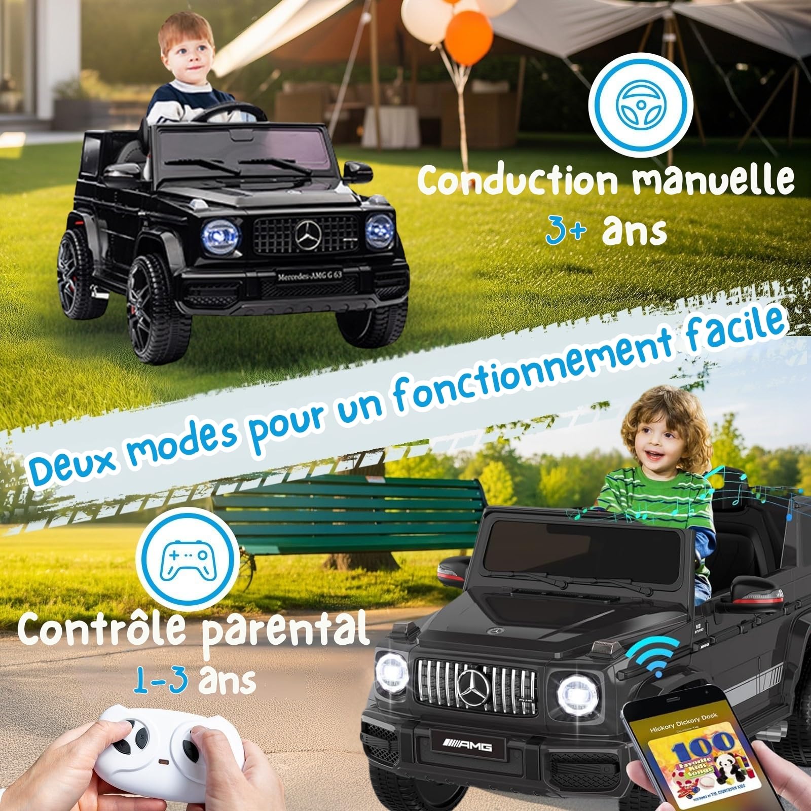 LALAHO Voiture électrique pour Enfants G63，Véhicule Electrique Enfant 3 à 6 Ans avec Télécommande 2.4G，2 Portes avec MP3 (Noir)