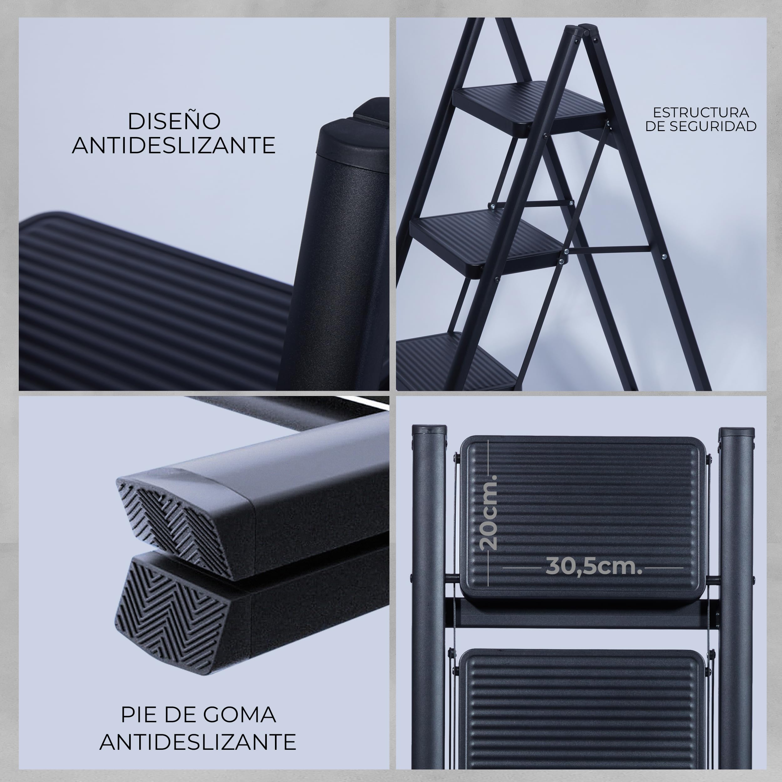 UZIRO Escalera Plegable 3 Peldaños, Escaleras Decorativa, Peldaños Anchos Antideslizantes, Ideal para Uso en Hogar, Cocina y Oficina, Fácil de Guardar y Transportar, Resistente (Negro, 3 Peldaños)