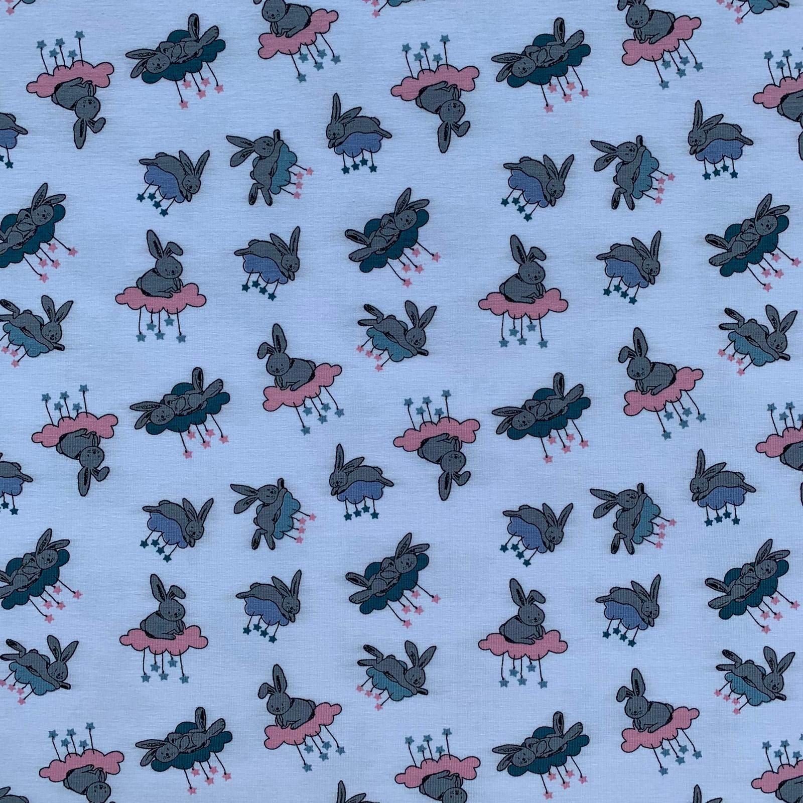 Premium Cotton Elastane Stretch Printed Jersey Fabric Material Dress Craft | 59" - 150 cm Wide | Sold Per Half Metre (White Rabbits)
