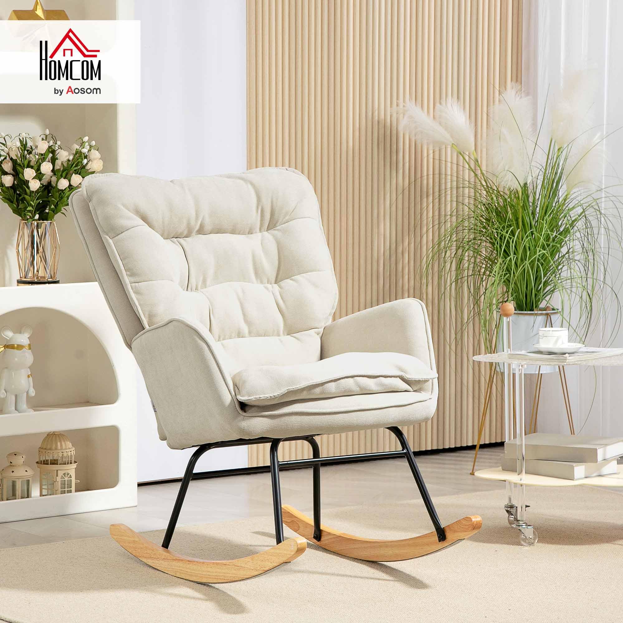 HOMCOM Fauteuil à Bascule, Rocking Chair en Chenille, Chaise à Bascule avec Dossier et Assise Larges rembourrés, accoudoirs, Base en Bois de hêtre, pour Salon, Chambre, Beige