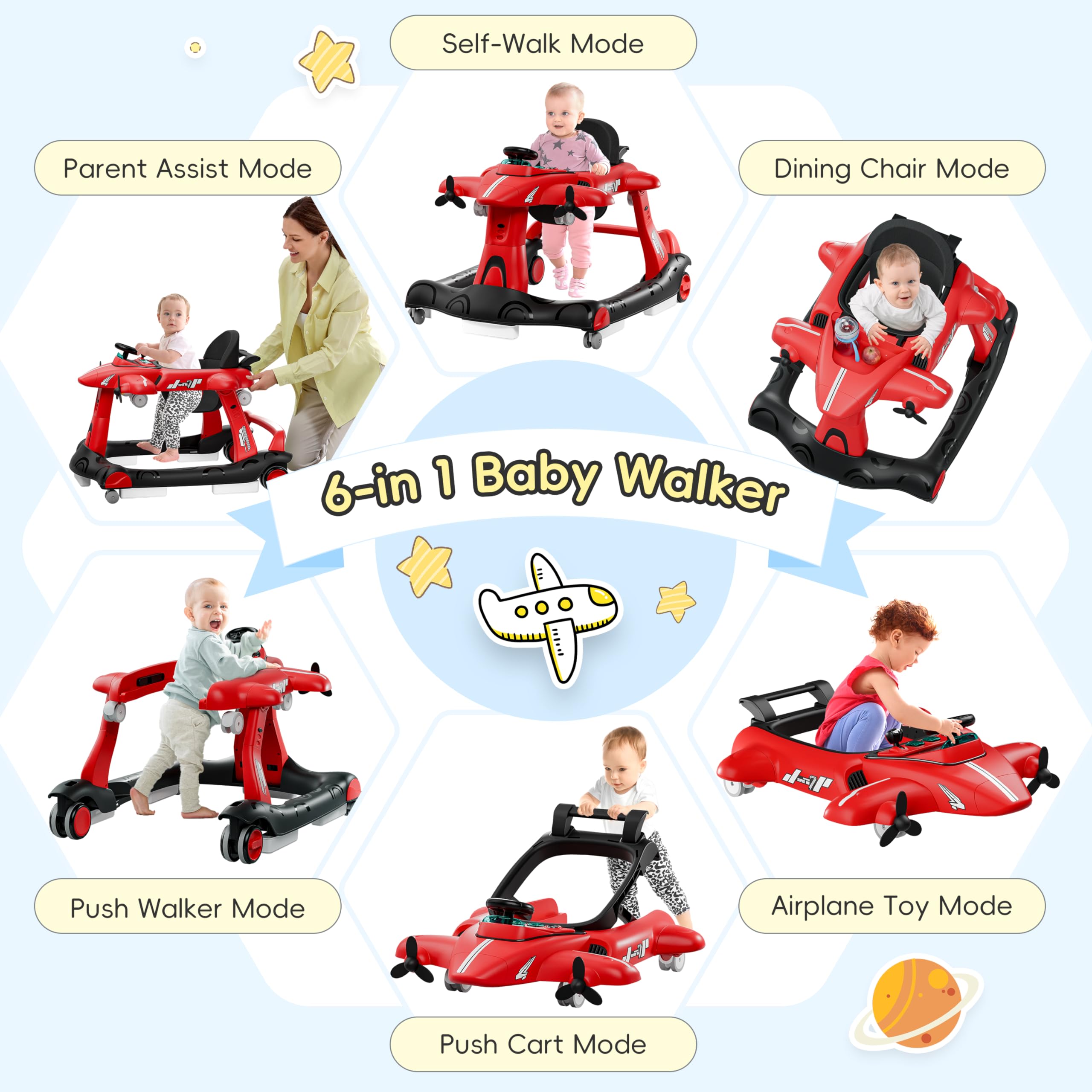 Xilingol 6-in-1 Baby Walker with Adjustable Speed Wheels, Adjustable Height Activity Walker with Padded Seat, Foldable Walker for Babies 6-12 Months, Toddler Push Walkers for Boy & Girl 12-18 Months