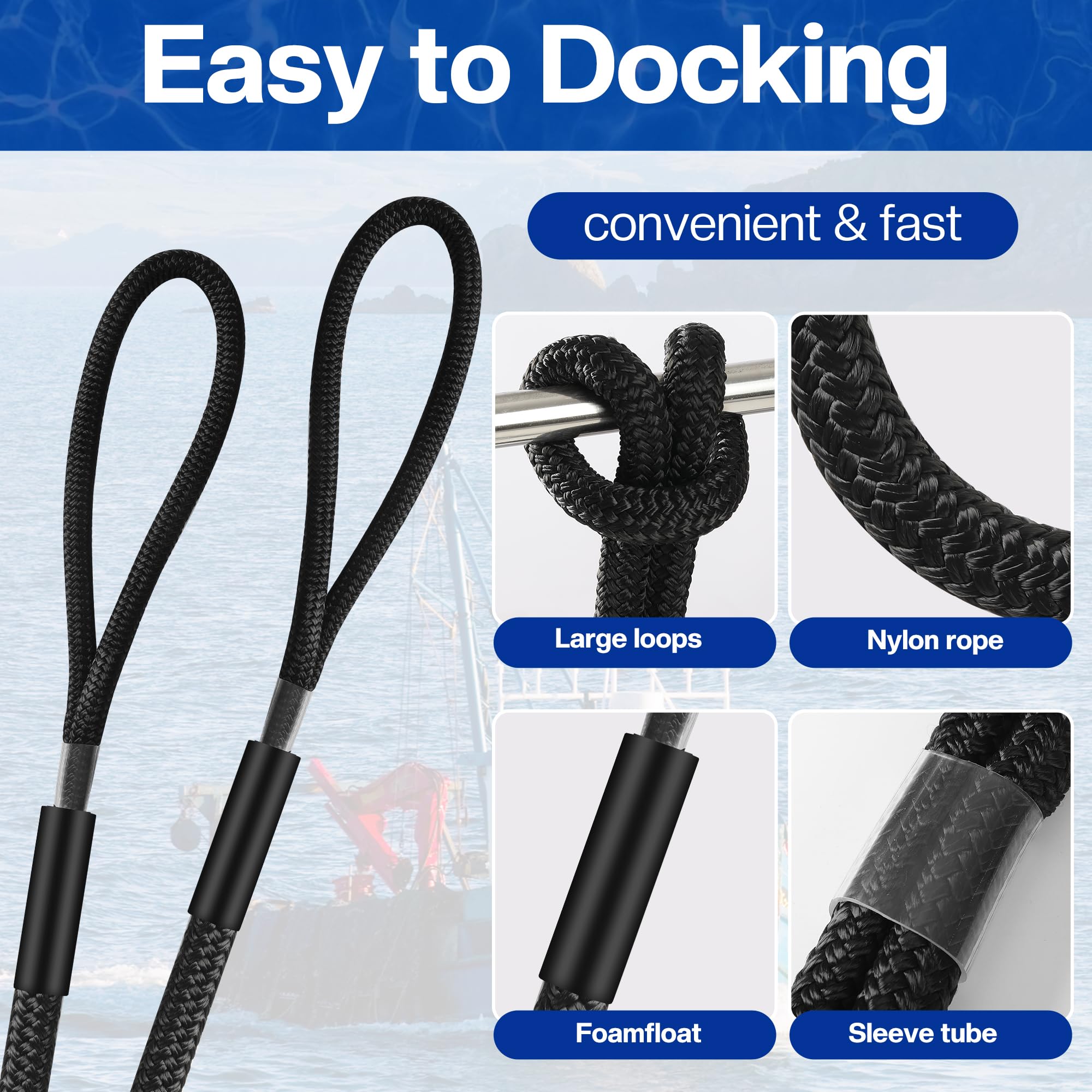 Bungee-Dockleine für Boote, 0,95 cm x 3 m, doppelt geflochtenes Nylonseil mit Edelstahl-Karabiner-Clips, schwarz, verstellbare Spannung, Festmacherseil mit Schaumstoffschwimmern, 2 Stück