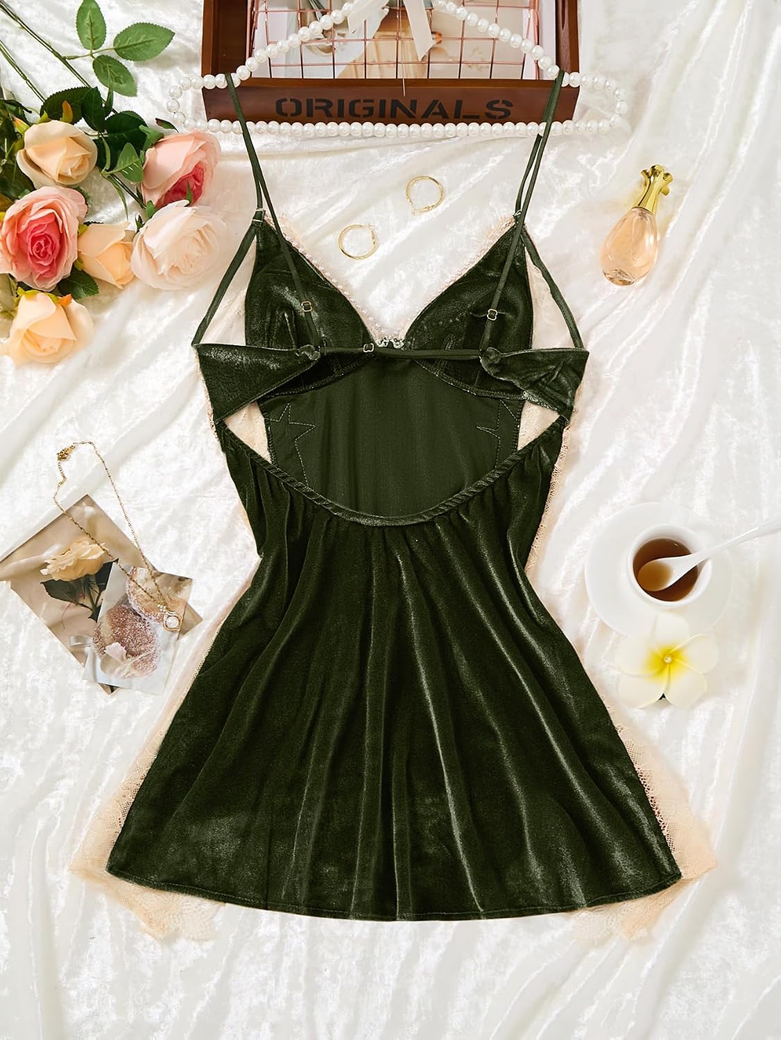 Lilosy Sexy Pearls Split Padded Velvet Appliques Lace Floral Sheer Mini Lingerie Dress
