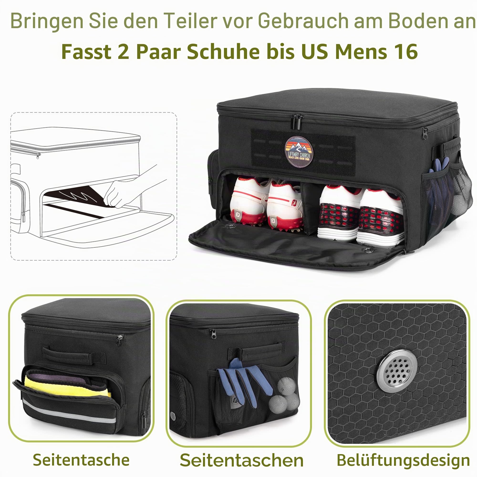 GOBUROS Golf Trunk Organizer Aufbewahrungstasche mit separatem Fach für 2 Paar Schuhe bis zu US 16 Golf Car Spind Organizer für Golfzubehör (Schwarz)