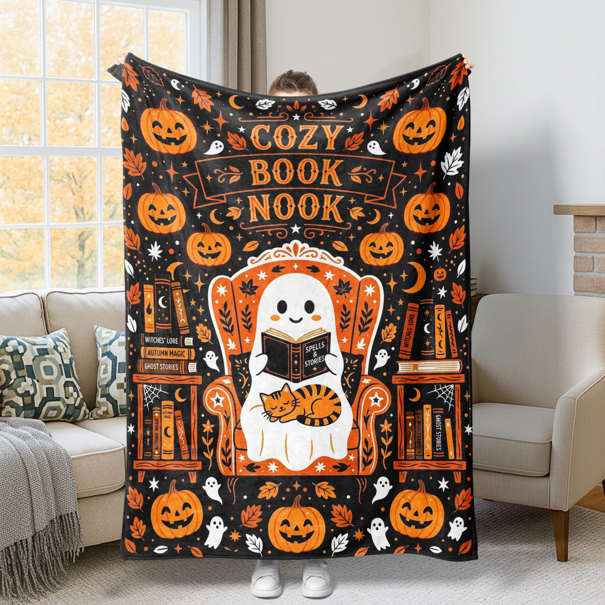 Jeté de lit fantôme Halloween orange de qualité supérieure, plaid doux 152x203 cm